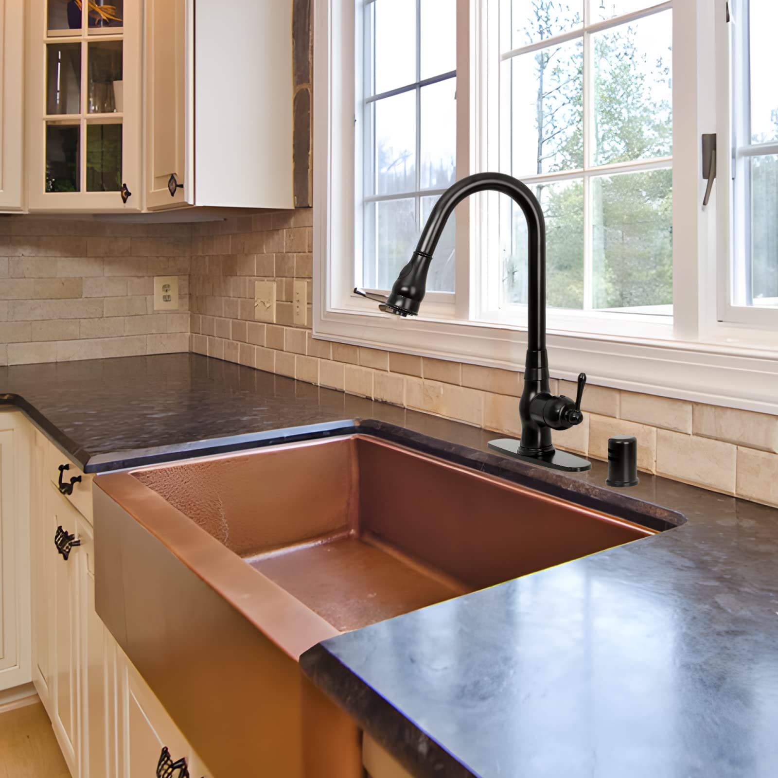 Akicon Matte Black One-Handle Pull-Down Kitchen Faucet with Deck Plate - Solid Brass Durable Design for Modern Home Kitchens and Sinks