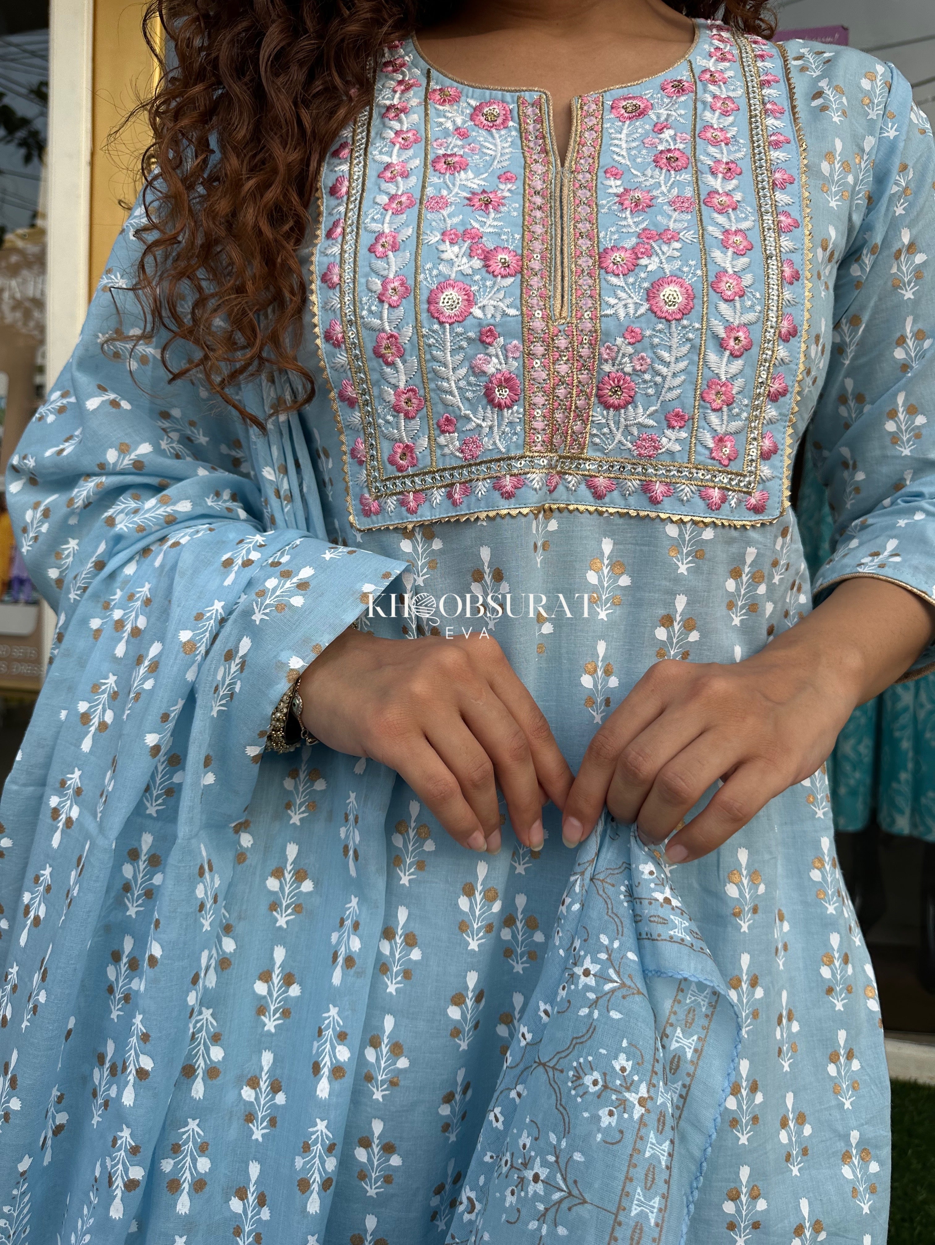 JAANAKI Blue Embroidered Kurta Suit Set for Women | Traditional Indian Ethnic Wear | Perfect for Festivals, Weddings & Special Occasions