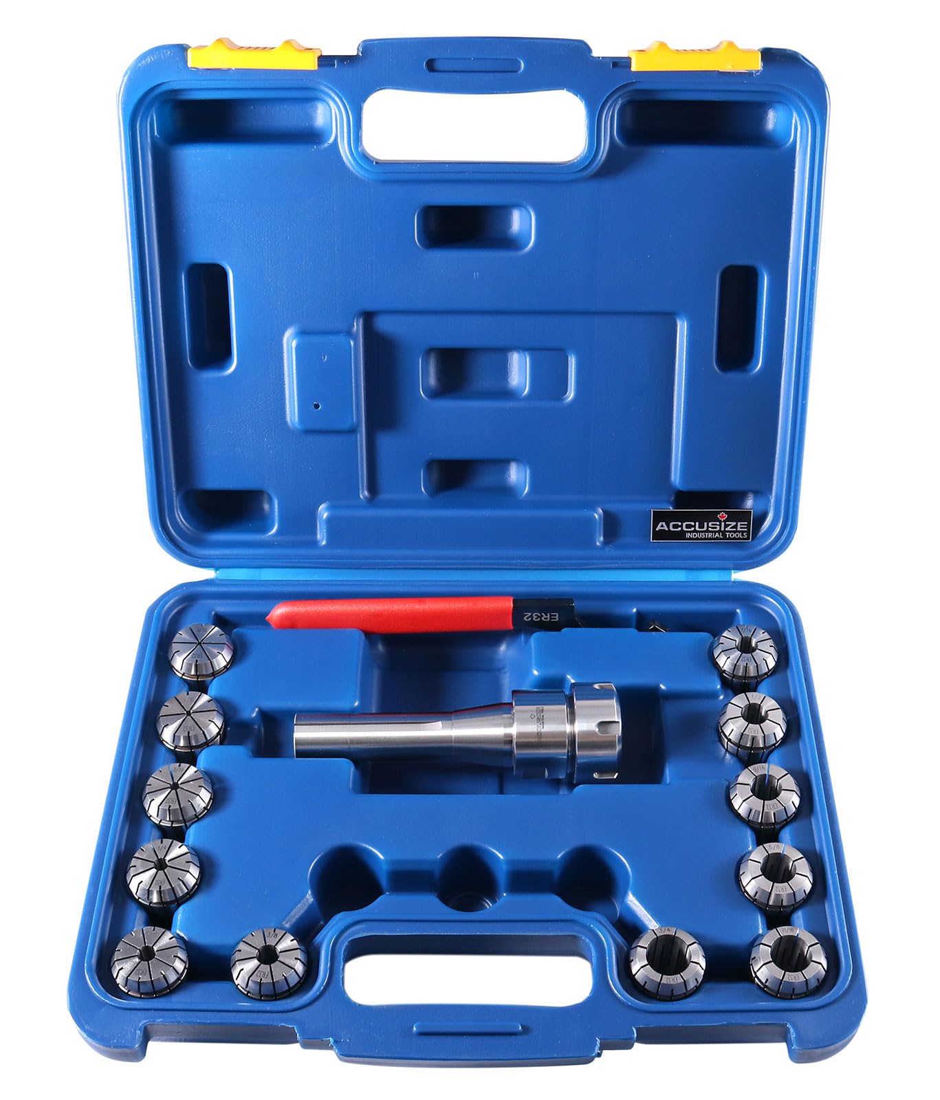 Accusize Industrial Tools 12-Piece ER-32 Collet Set with R8 Bridgeport Shank Holder & Wrench in Storage Box (0223-0974) - Perfect for Milling, Drilling & CNC Machining Operations