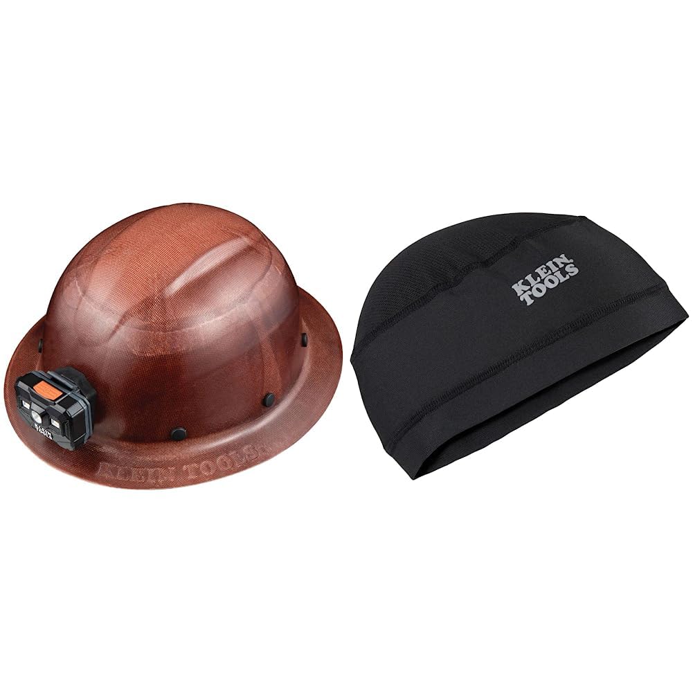 Klein Tools 60447 Full Brim Class G KONSTRUCT Series Hard Hat with Rechargeable Headlamp & 60181 Cooling Helmet Liner - Brown Construction Safety Gear for Electricians, Linemen, and Outdoor Workers