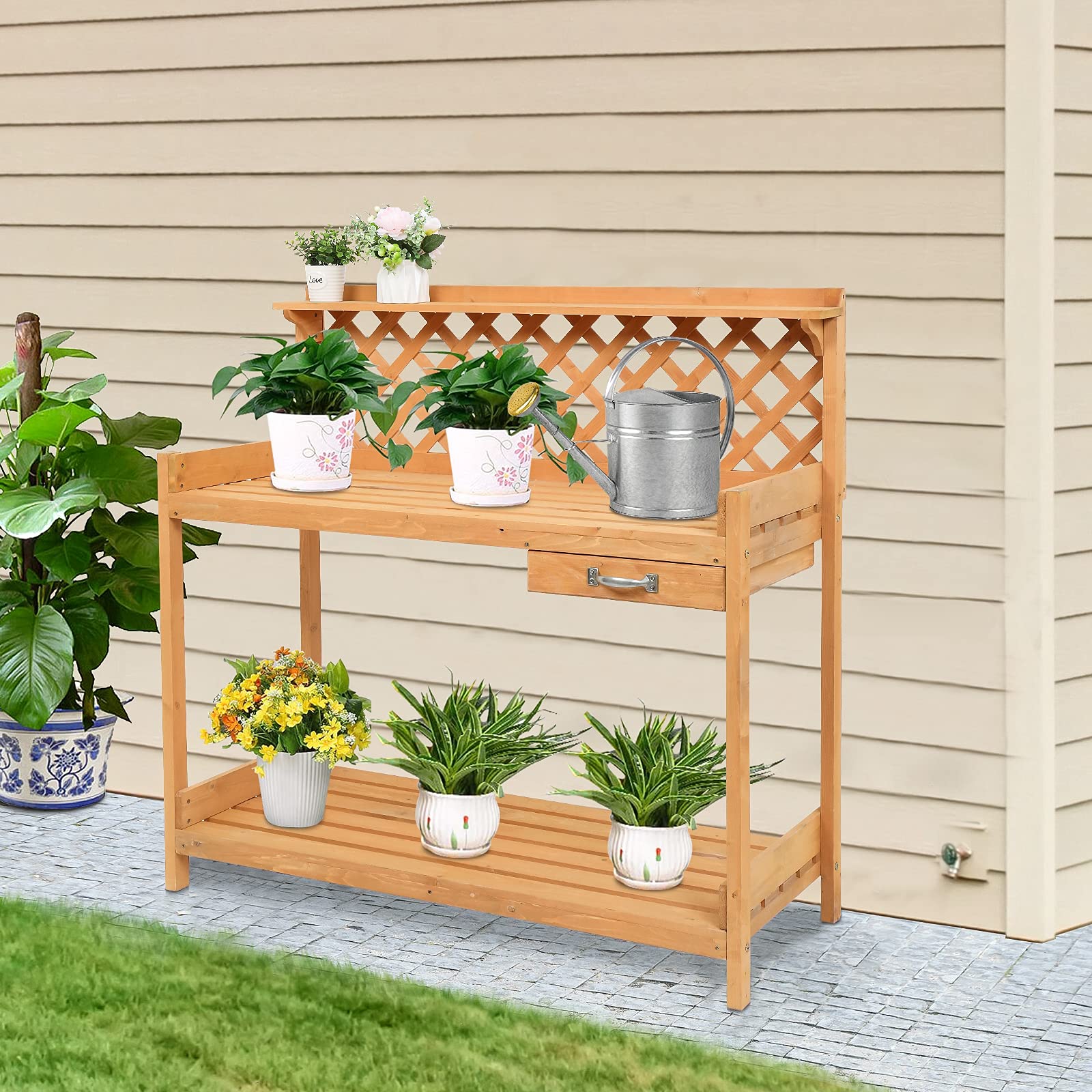 HOMVENT Wooden Potting Bench with Drawer & Shelves for Garden, Patio, Backyard - Outdoor Use