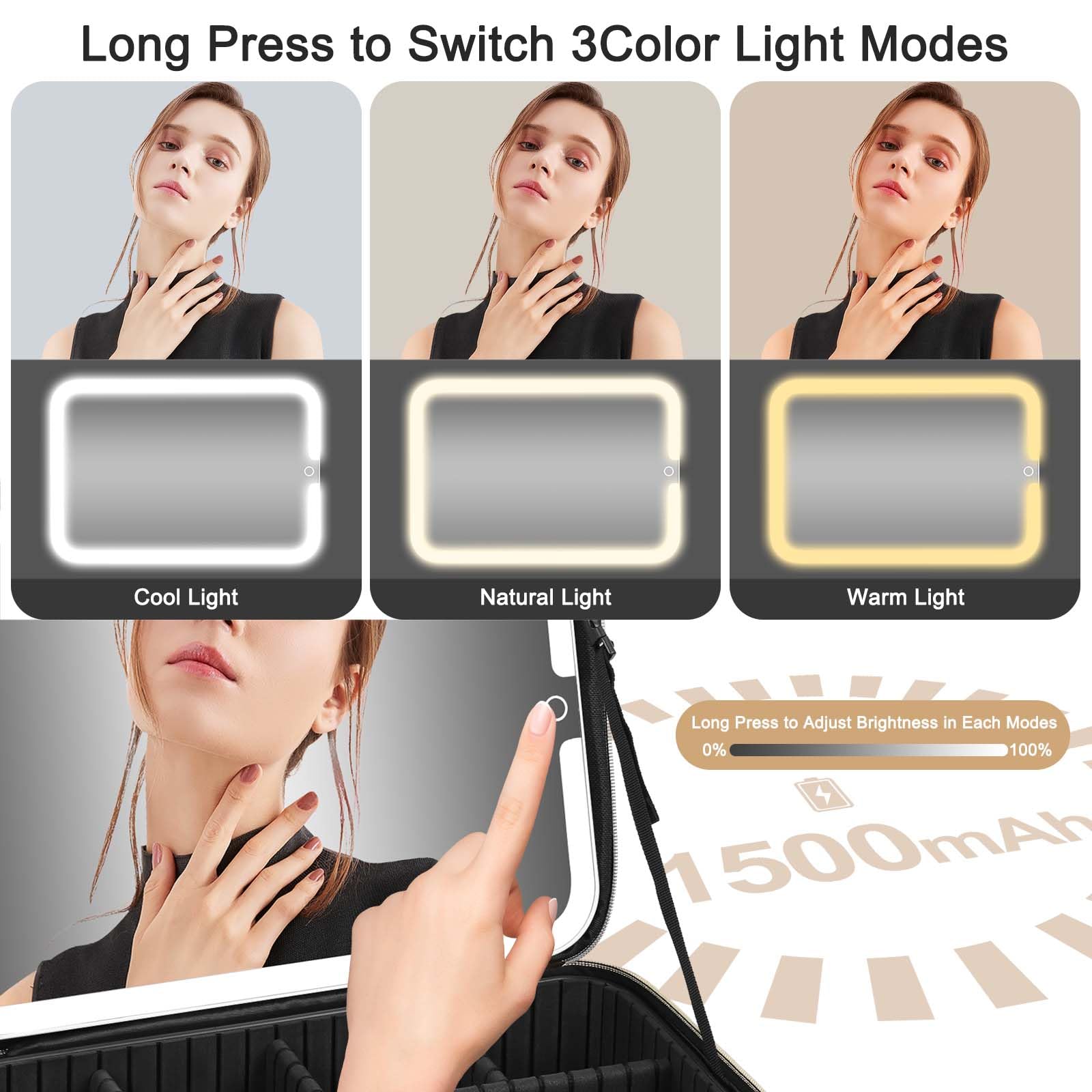 Large Travel Makeup Bag with LED Mirror - 3-Color Adjustable Dimming, Detachable Stand Mirror, Adjustable Dividers & Brush Holder | Perfect for Travel, Home Vanity & Professional Makeup Artists (Black)