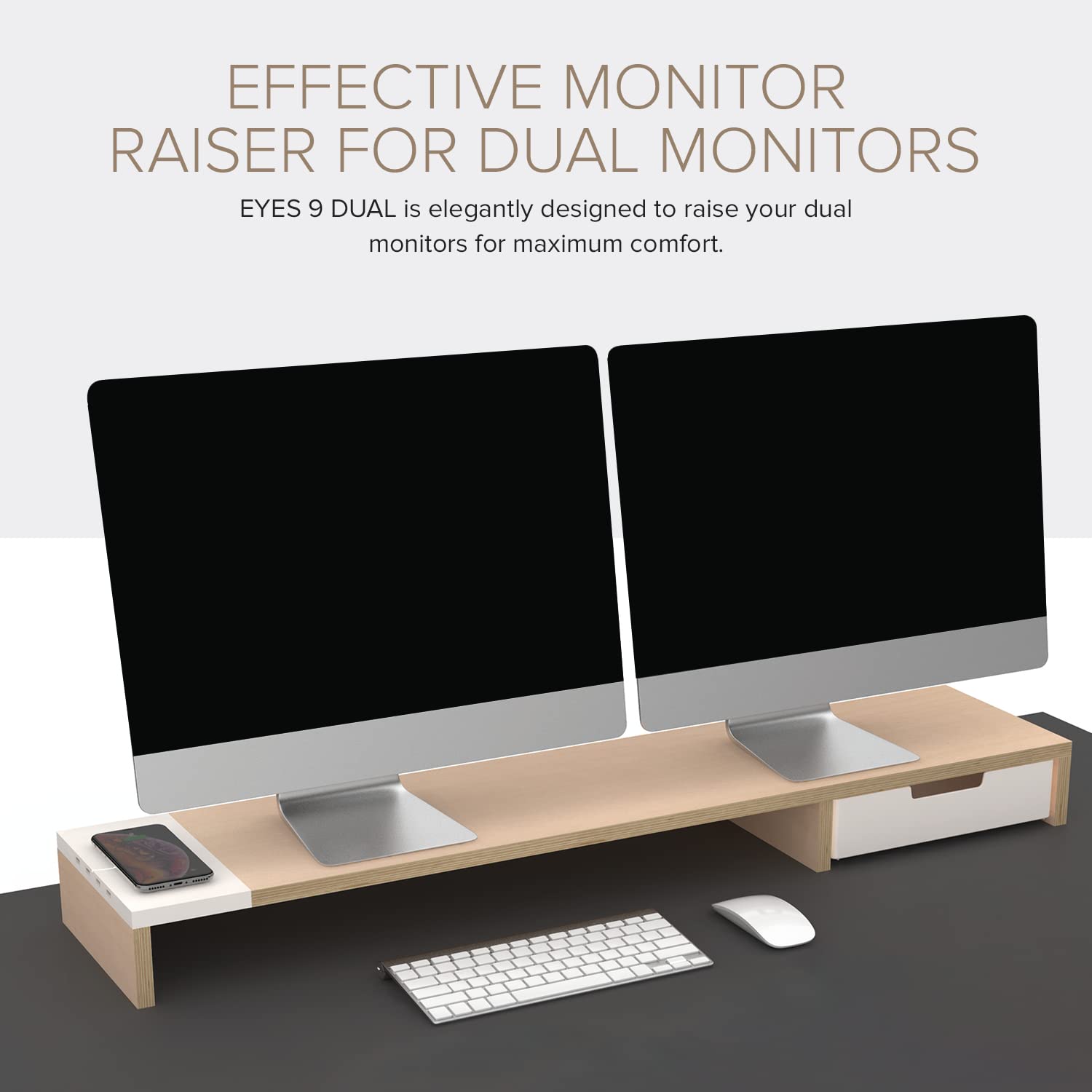 POUT E9 Dual Monitor Stand with Drawer - Adjustable Height, Wireless Charger & USB Hub for Home/Office (Deep Black) - Perfect for Gaming Setup & Workspace Organization
