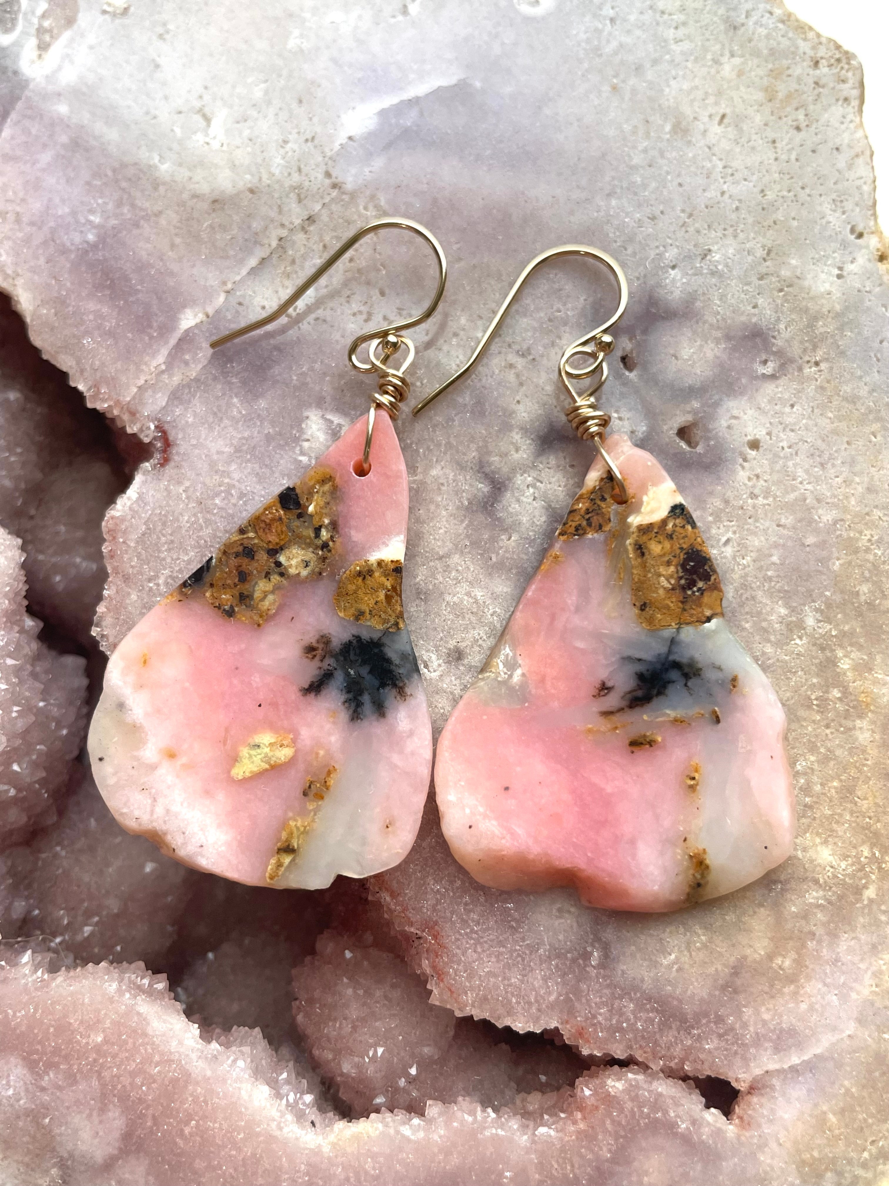 Pink Opal Gold Filled Statement Crystal Gemstone Earrings for Women - Elegant Dangle Drop Earrings for Party, Wedding & Special Occasions