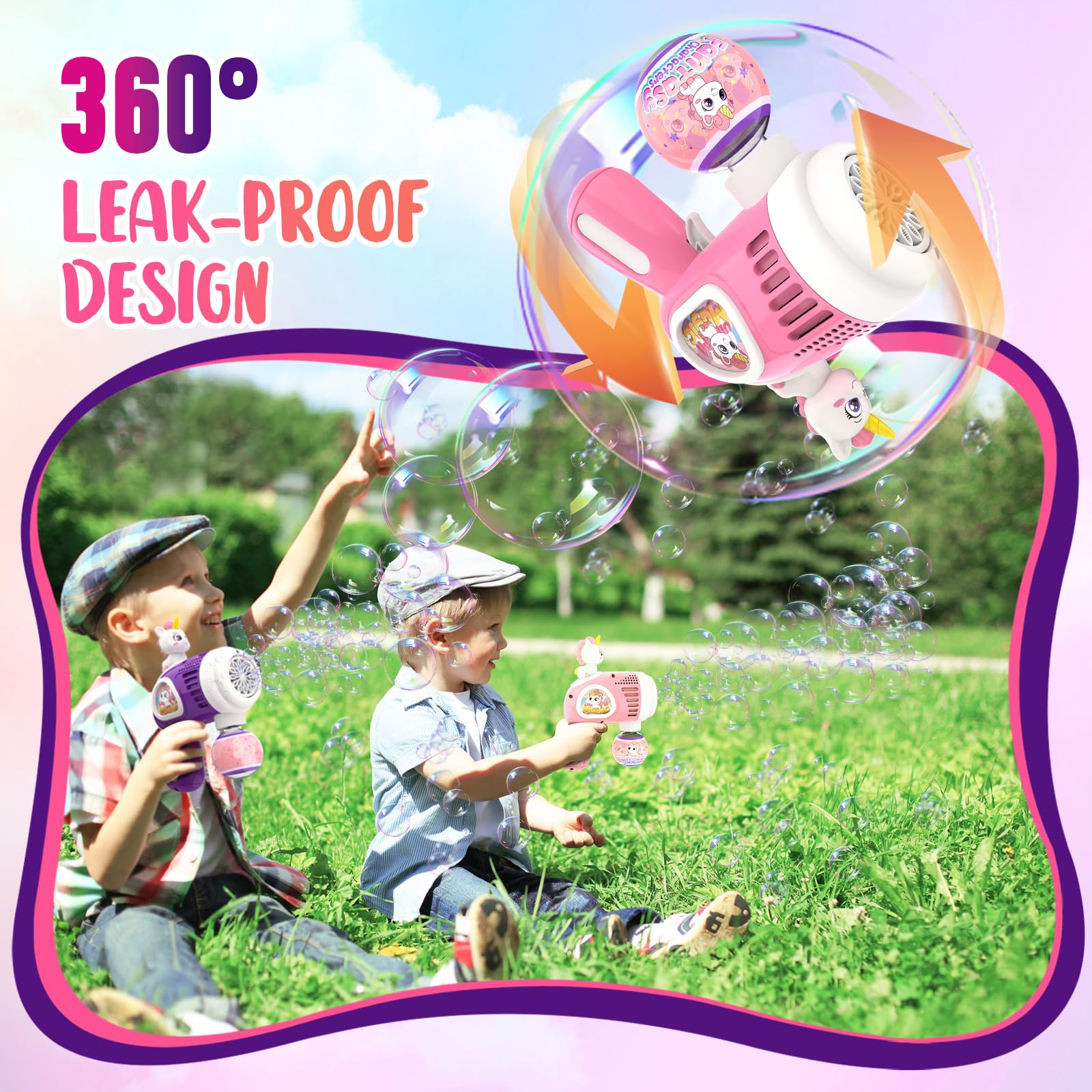 LED Unicorn Bubble Blaster Gun for Kids - 2 Pack with 2 Bottles & 10 Bags Refill Solution, Light Up Bubble Machine Toy for Toddlers Boys Girls - Perfect Birthday Gift, Children's Day & Party Favors | Outdoor Play, Backyard Fun, Birthday Parties & Summer Activities