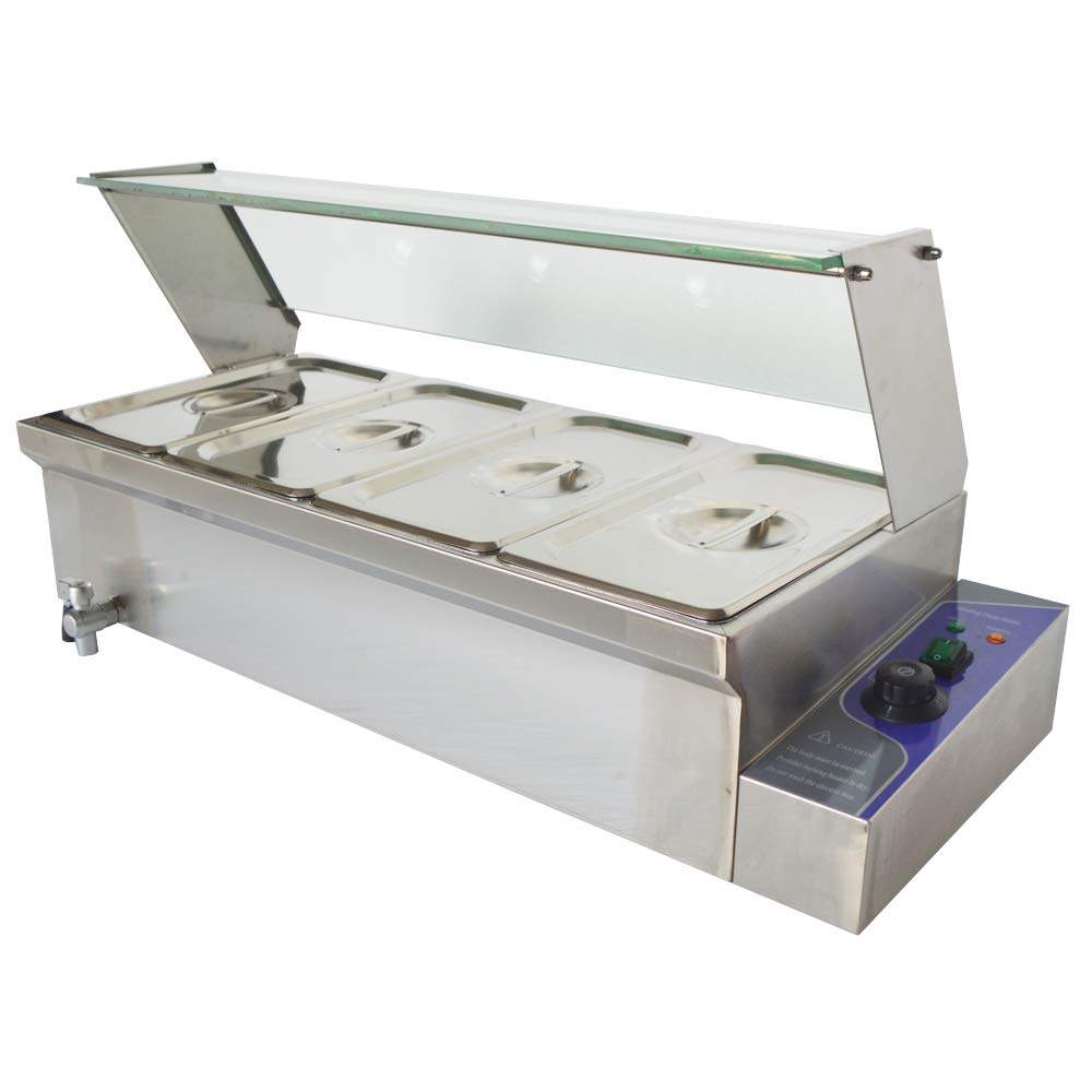 Commercial Food Warmer Bain Marie Buffet Steam Heater - 12x5.5x6 Inch Stainless Steel Pan with Glass Shield (4 Pans) - Perfect for Restaurants, Catering & Buffet Service
