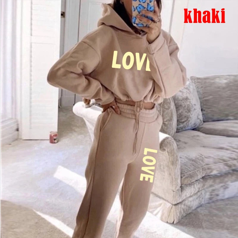 Women's 2-Piece Tracksuit Set - LOVE Letter Print Hoodie & Jogger Pants, Casual Winter Sportswear, 8 Color Options for Gym, Running & Lounge Wear