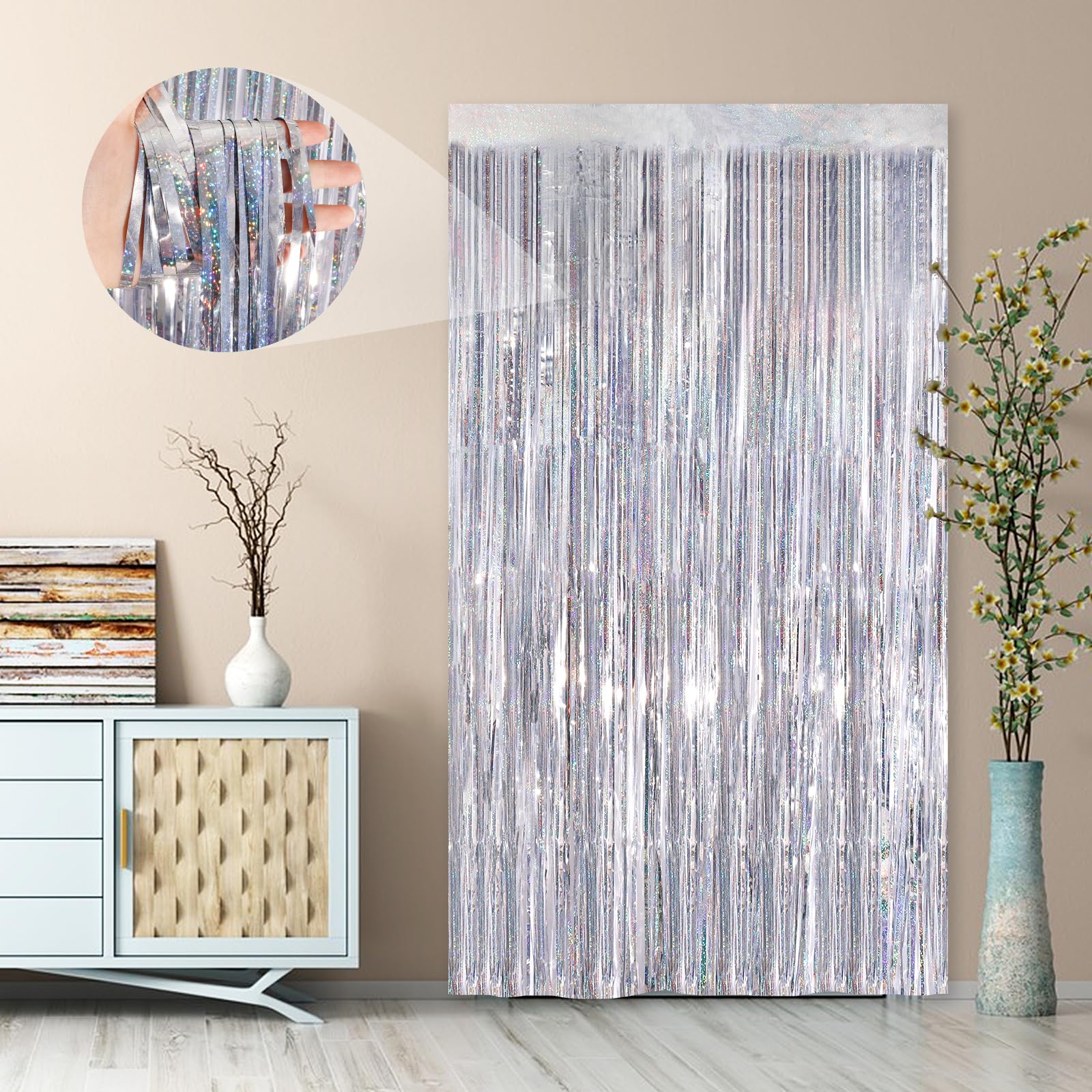 Silver Metallic Tinsel Foil Fringe Curtains 2-Pack - 3.3x8.3ft Party Decorations for Photo Booth, Bridal Shower, Engagement, Disco & Bachelorette Parties - Christmas Streamers & Holiday Decor - Perfect for Home Decorations, Birthday Celebrations and Festive Events