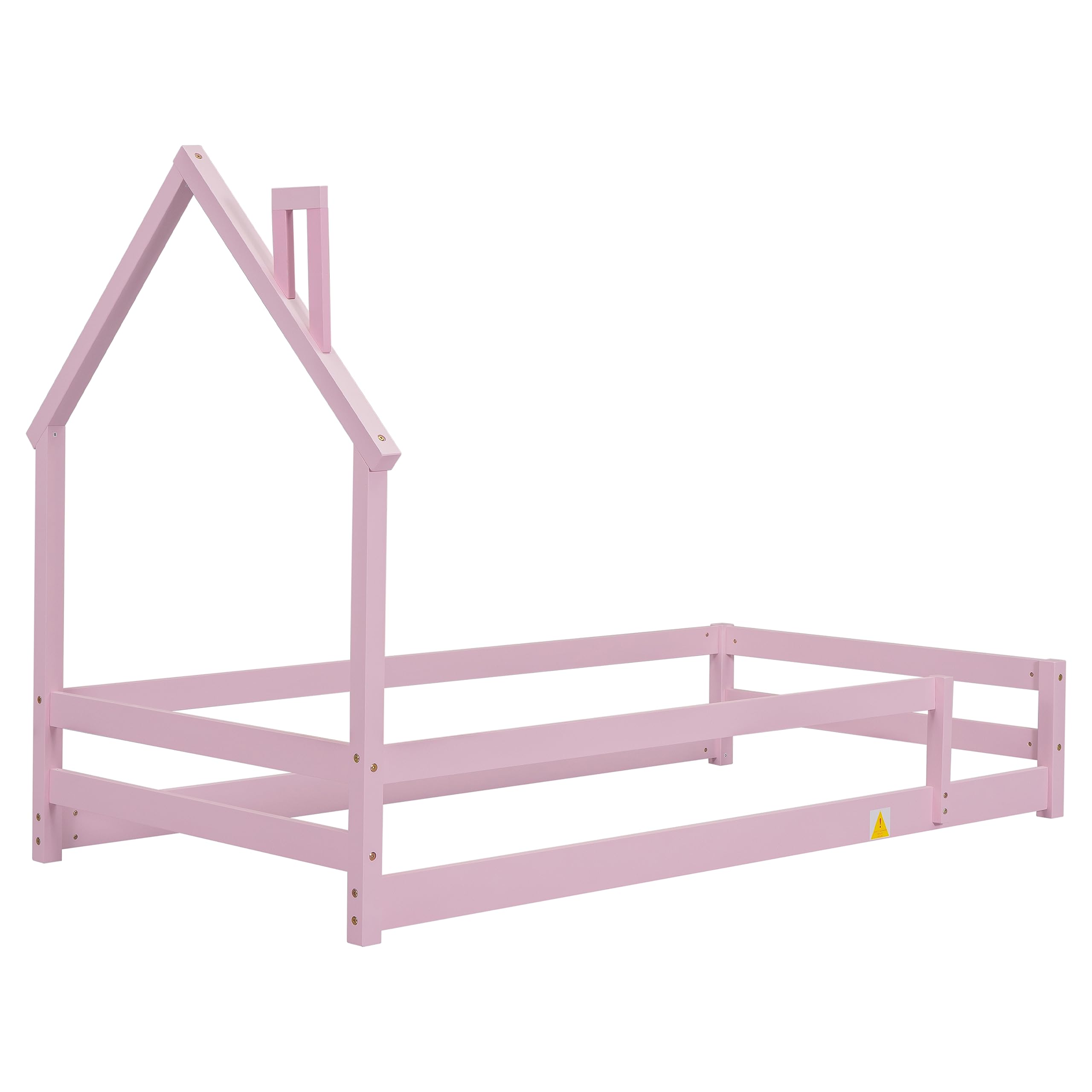 Bellemave Twin Size House-Shaped Headboard Floor Bed with Safety Fences - Wooden Montessori Kids Bed for Girls & Boys - Pink House Bed Frame for Toddler Room, Playroom & Nursery