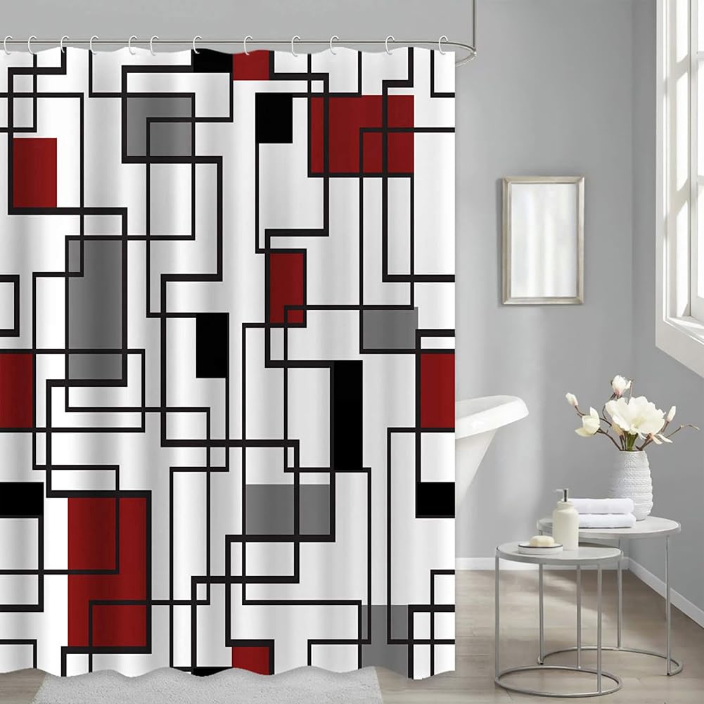 Modern Geometric Shower Curtain Set - Red Black Gray Waterproof Bathroom Curtain with 12 Hooks, 72x72 Inches Washable Polyester Fabric for Stylish Home Decor - Perfect for Bathroom, Dorm, Apartment & Hotel Use