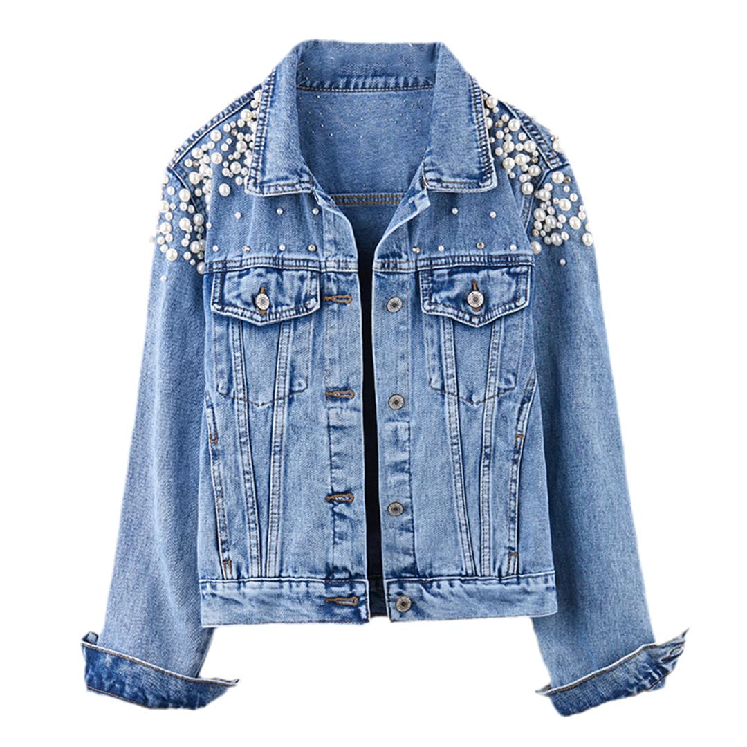 Women's Vintage Beaded Denim Jacket - Loose Fit Casual Long Sleeve Jean Coat for Everyday Wear, Date Night & Spring Fashion