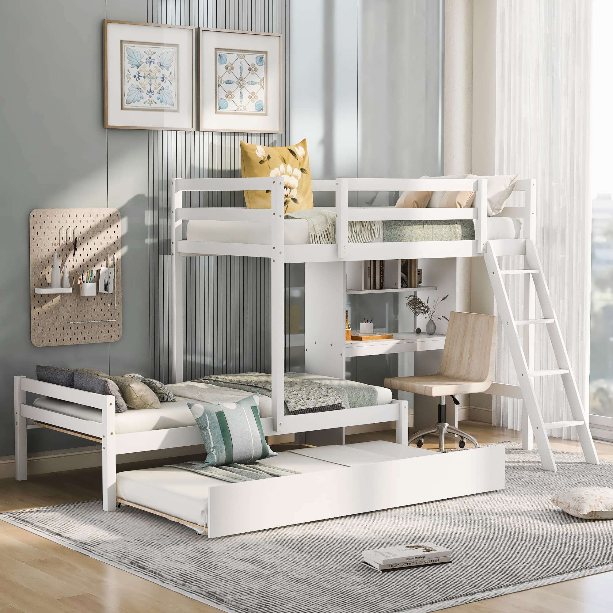 Convertible Twin Over Twin Wooden Bunk Bed with Built-in Desk, Bookshelves & Trundle - 3-in-1 Space Saving Design (White) - Perfect for Kids' Bedroom, Guest Room & Small Spaces
