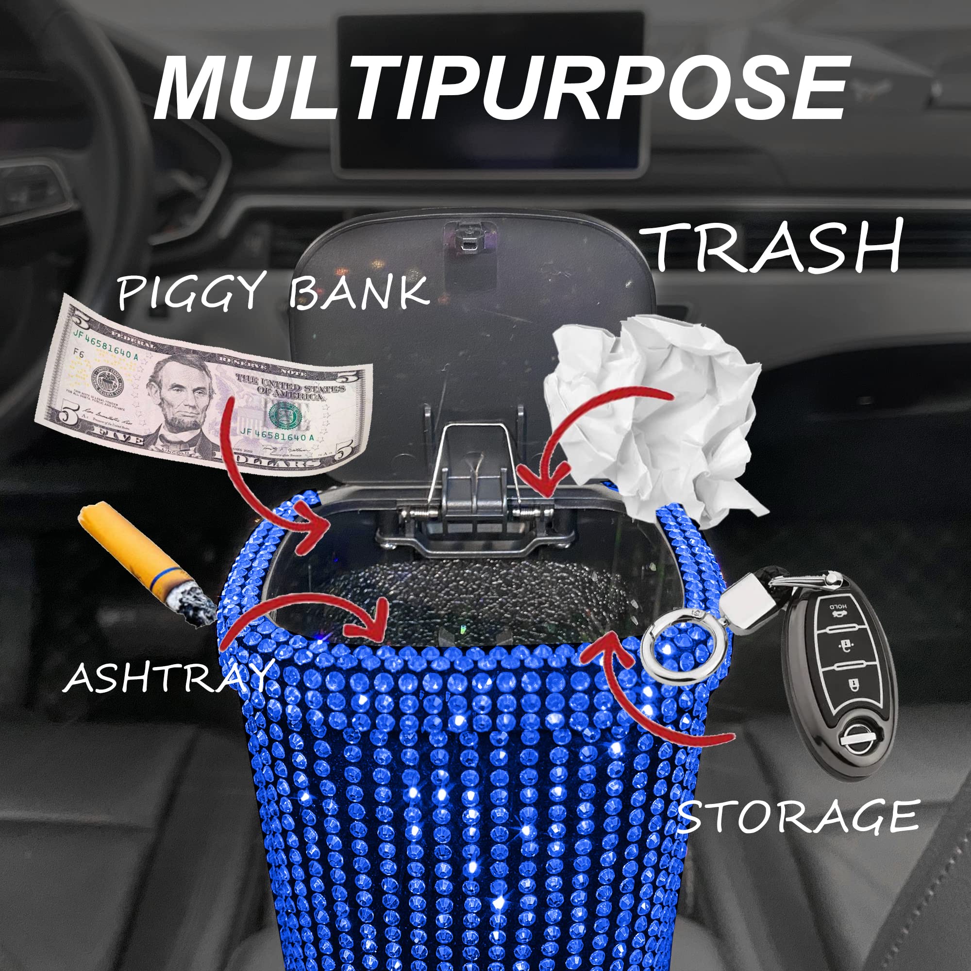 6-Piece Bling Car Trash Can Set - Blue Plastic Waste Bin with Lid for Vehicles, Cars & Trucks - 100% Satisfaction Guaranteed | Perfect for Road Trips, Commuting & Keeping Your Car Clean