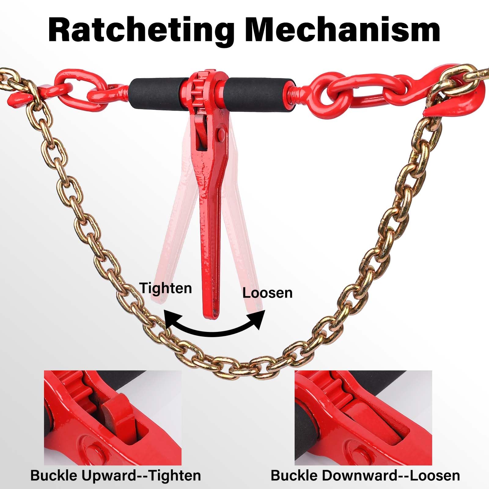 **G80 Chain Binder 1/4'' - 5/16'' with G80 Grab Hooks, 2-Pack Red Grade 80 Ratchet Load Binder 2,200 LBS WLL - Heavy-Duty for Hauling, Tie Down, Towing, Industrial & Agricultural Use - Ideal for Trailers, Trucks, and Construction Equipment**