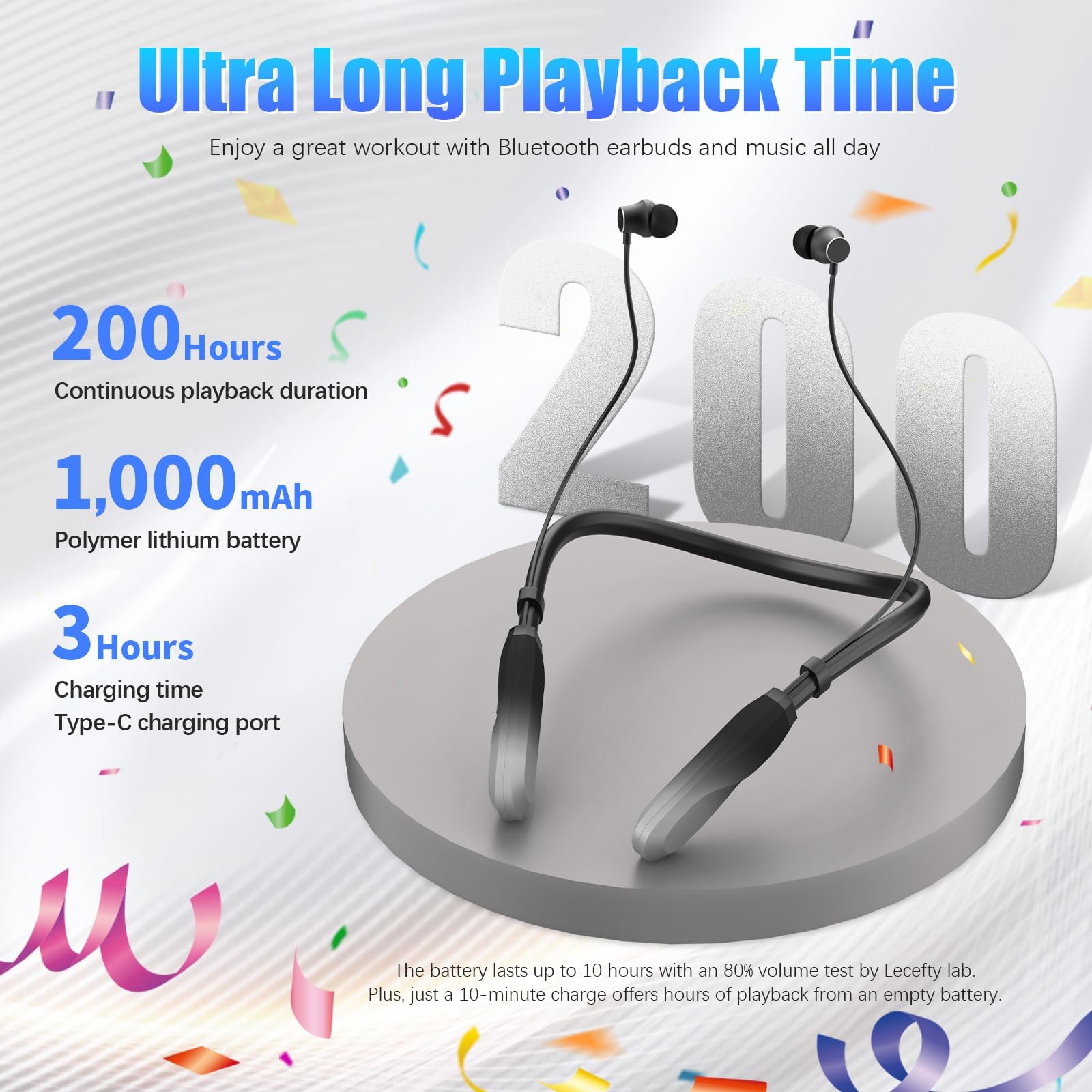 200H Playtime Neckband Bluetooth Headphones with Microphone - Wireless Stereo Earbuds, Waterproof & Sweatproof, Balanced Armature Drivers for Sports, Workout, Running, Gym & Office Use (Silver)