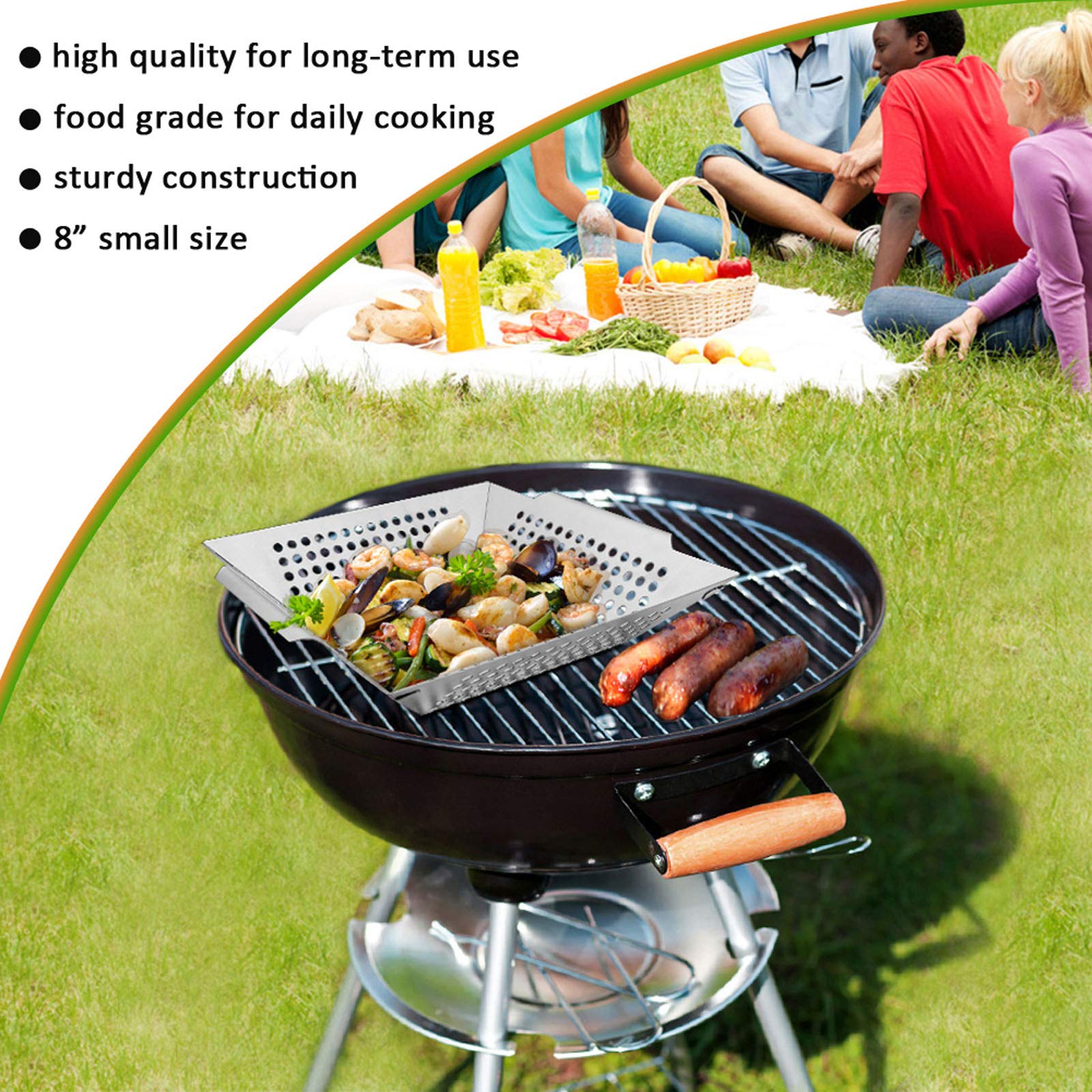 8” Stainless Steel Grilling Basket Set of 2 - Heavy Duty BBQ Grill Wok for Vegetables, Kabobs, Shrimps - Universal Fit for All Grills, Dishwasher Safe - Perfect for Backyard BBQs, Camping & Outdoor Cooking