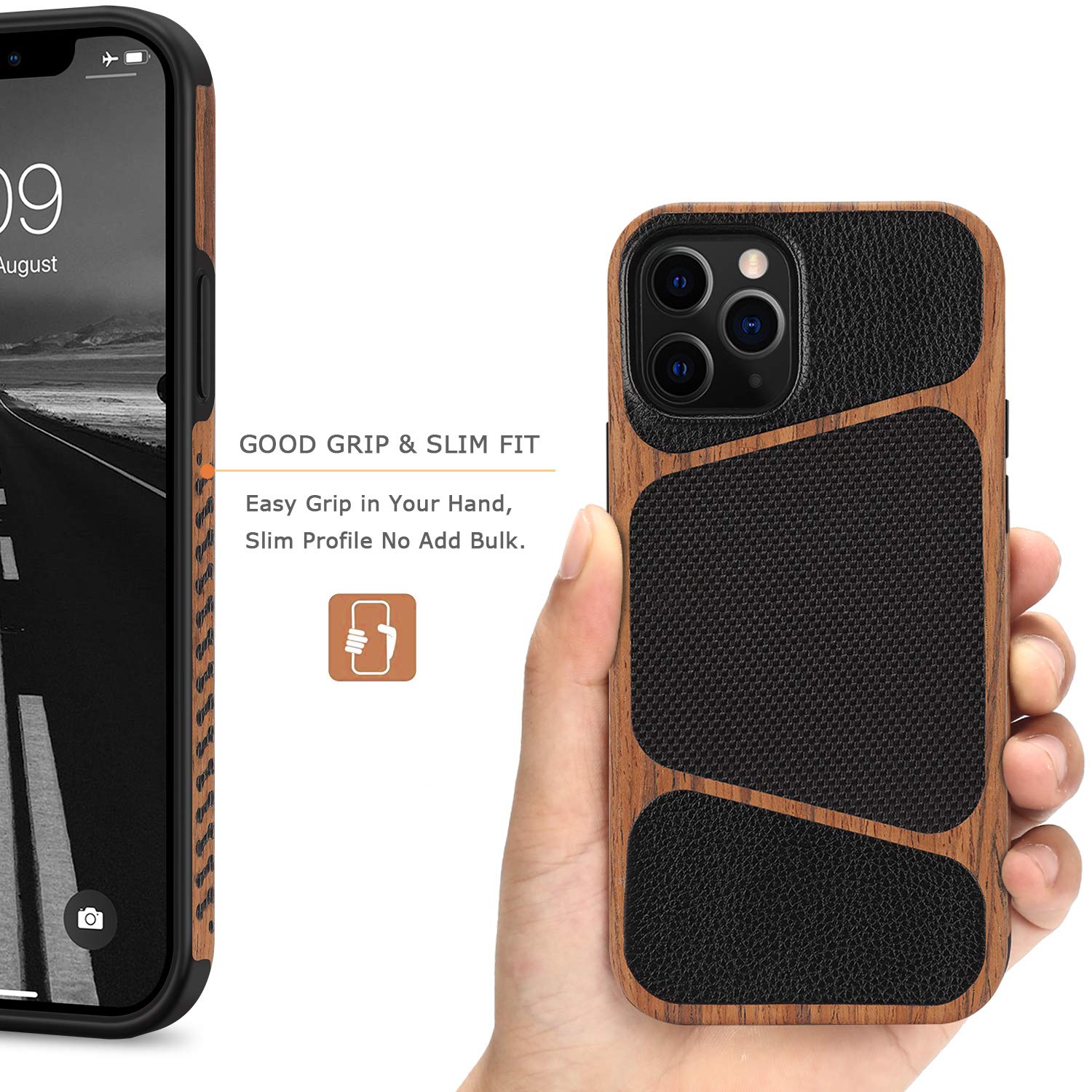 Tasikar iPhone 12 Pro Max Case - Wood Grain & Nylon Fabric Hybrid Slim Cover with Leather Design - Easy Grip Protective Phone Case (Black) - Perfect for Daily Use, Office & Travel Protection