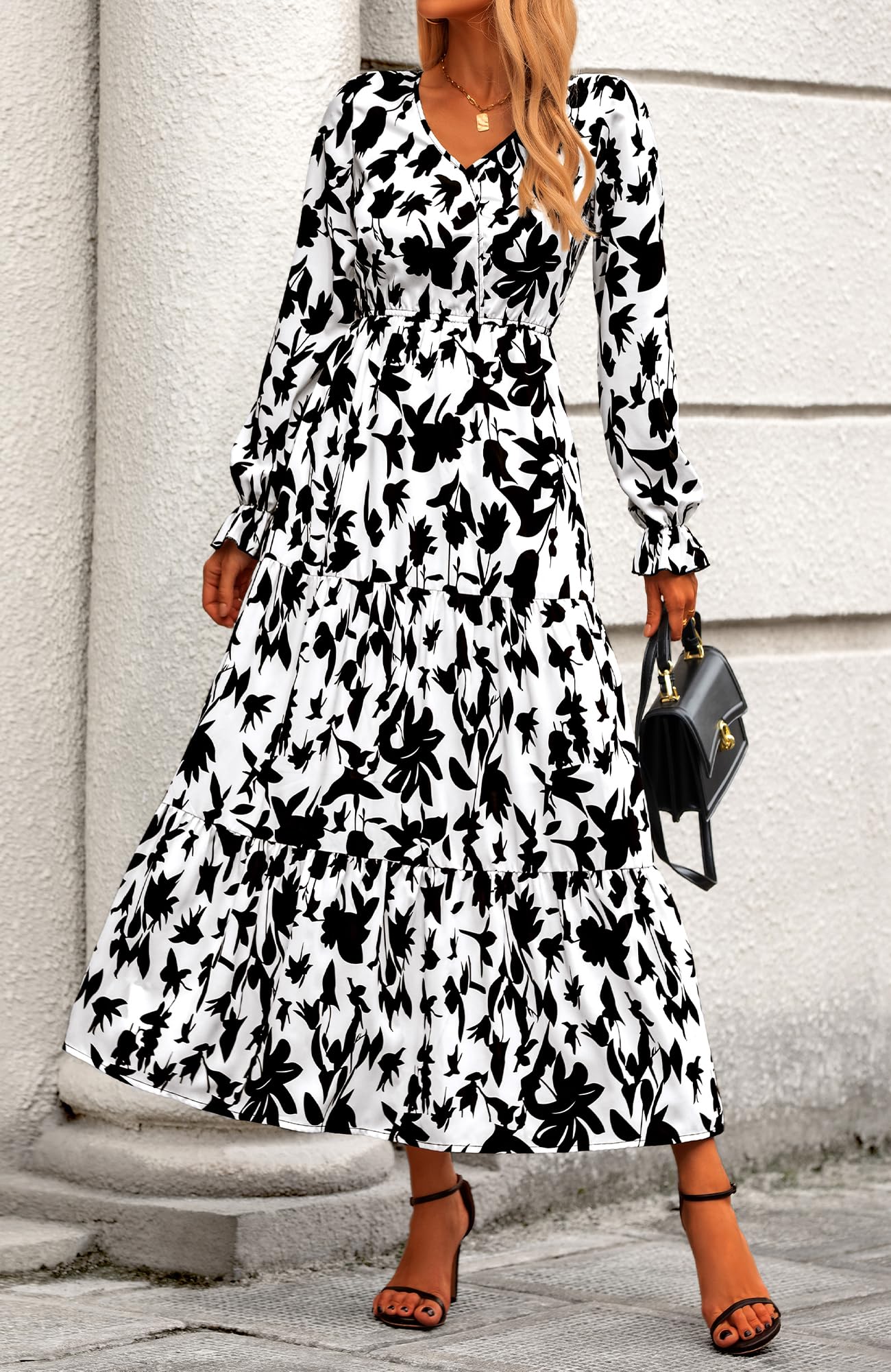 BTFBM Women's Floral Boho Maxi Dress 2025 - Long Sleeve V-Neck Casual Spring Dress for Wedding Guest, Beach Vacation & Date Night
