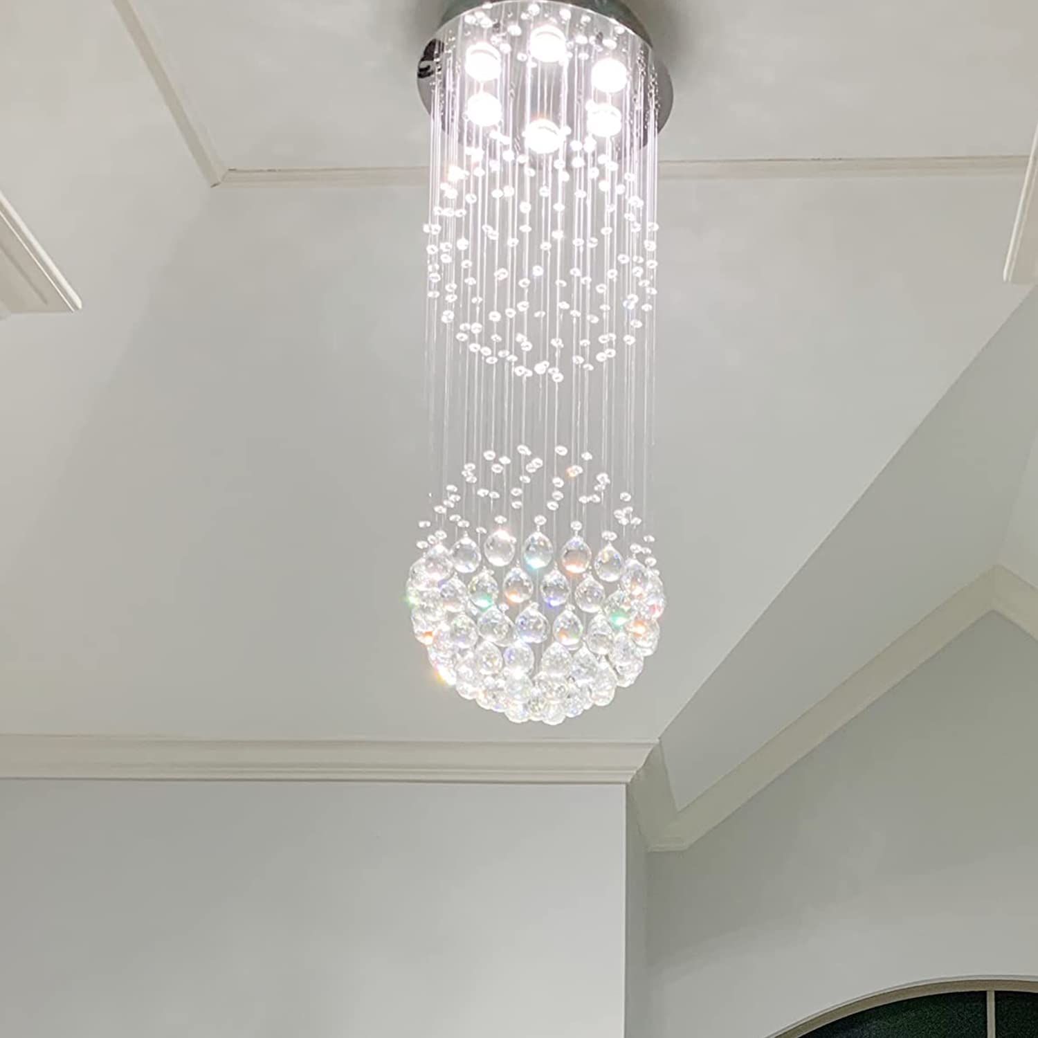 Modern 2-Ball Raindrop Crystal Chandelier - Flush Mount Cylinder Ceiling Light Fixture for Dining Room, Living Room, Kitchen, Foyer, Hallway & Bar | Elegant Lighting Solution for Home & Commercial Spaces | CRYSTOP