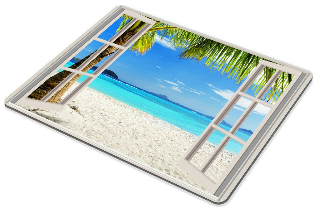 Custom Smooffly Gaming Mouse Pad - Tropical Island Beach with Palm Trees & White Wooden Windows Design, Non-Slip Rubber Base - Perfect for PC Gaming, Office Work & Home Computer Use
