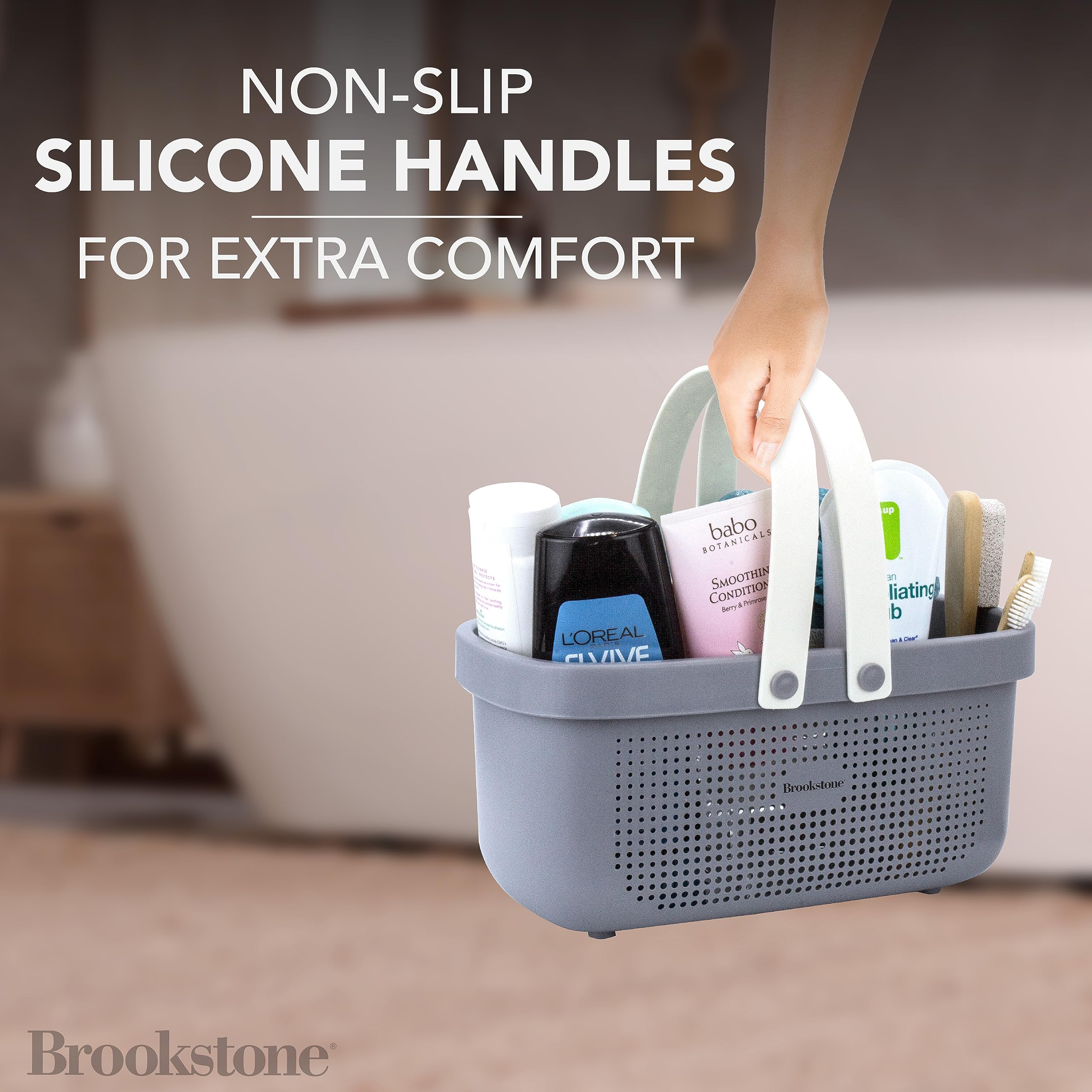 Brookstone BKH1633 Large Portable Shower Caddy - BPA Free Bathroom Organizer with Soft Silicone Handle, Quick-Dry Plastic Bath Tote Basket with Drainage Holes - Perfect for Shower, Bath, and Travel Storage (Gray)