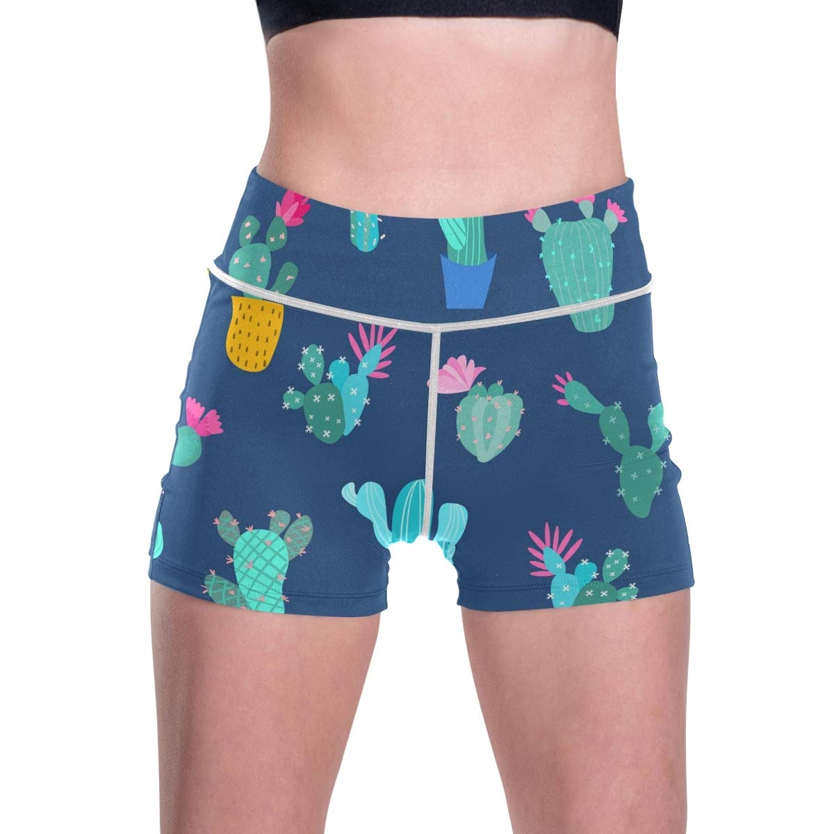 Linnkahao High Waist Yoga Shorts for Women - Breathable Workout Shorts with Cactus Print | Perfect for Yoga, Gym & Running