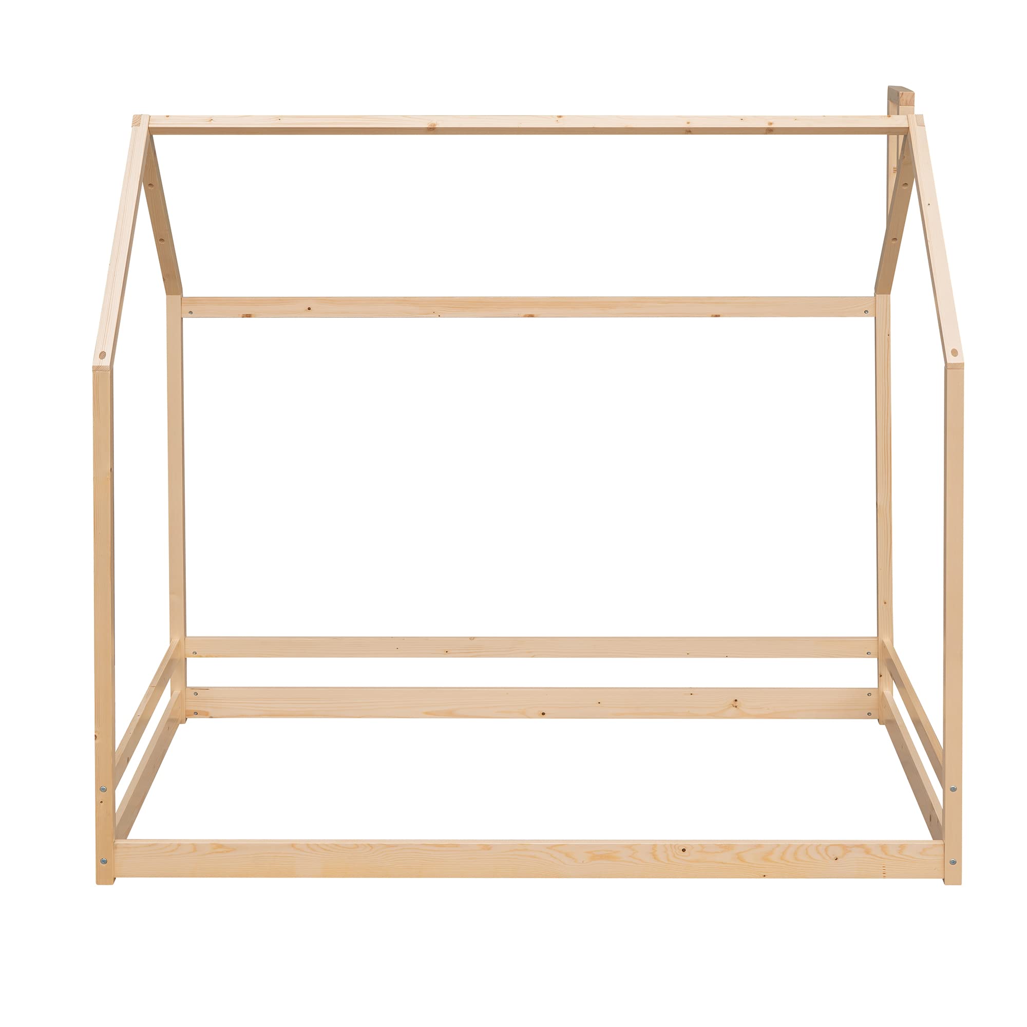 Montessori Twin House Bed for Kids & Toddlers - Wooden Floor Bed Frame with Roof for Boys & Girls Bedroom Furniture - Natural Finish - Perfect for Montessori Rooms, Playrooms & Kids Bedrooms