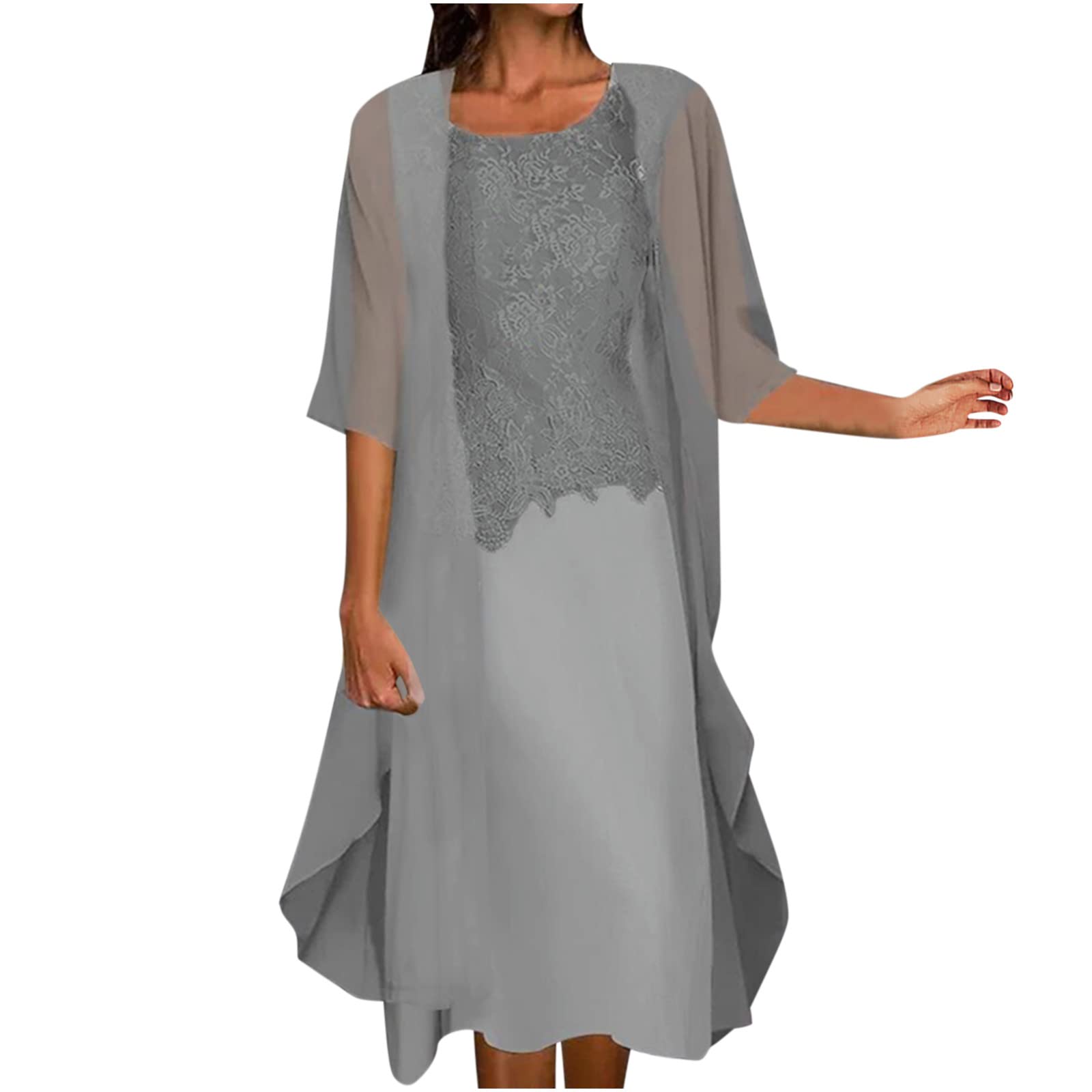 Women's Summer Floral Lace Chiffon Two-Piece Dress Set - Flowy Sleeveless Crewneck Midi Dress for Wedding Guest, Beach Vacation & Casual Outings