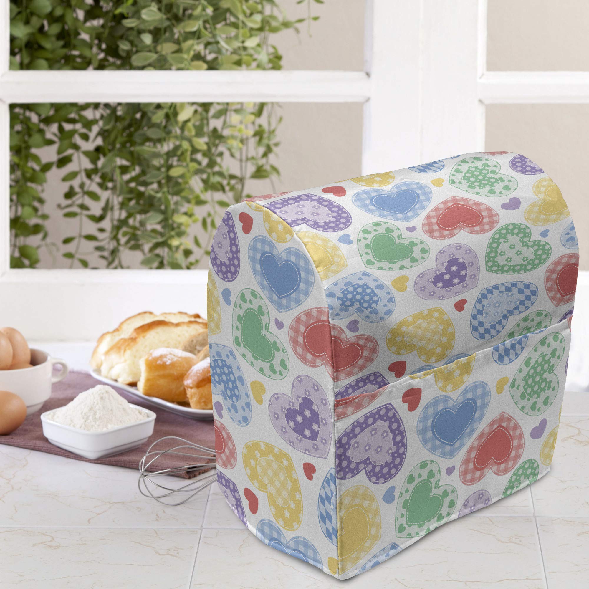 Ambesonne Love Stand Mixer Cover - Patchwork Hearts Design, White Backdrop, Romantic Valentine's Theme - 6-8 Quart Kitchen Appliance Organizer with Pocket - Perfect for Valentine's Day Gifts & Kitchen Organization (Multicolor)
