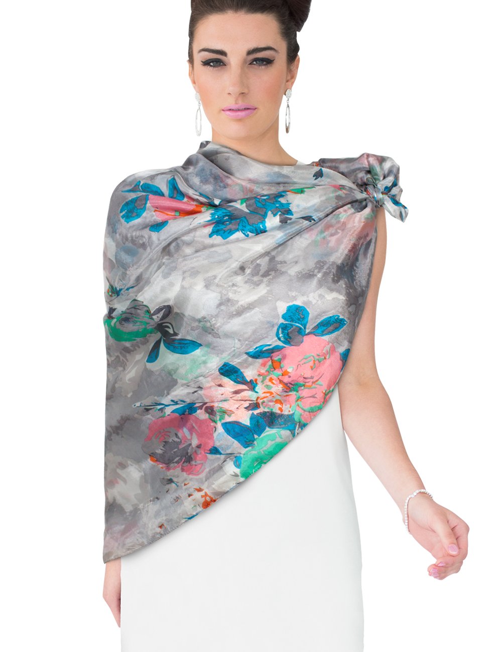 Elegant Dahlia Women's Long Sheer Silk Scarf - Abstract Rose Pattern in Gray | Perfect for Office, Evening Events & Gift Giving