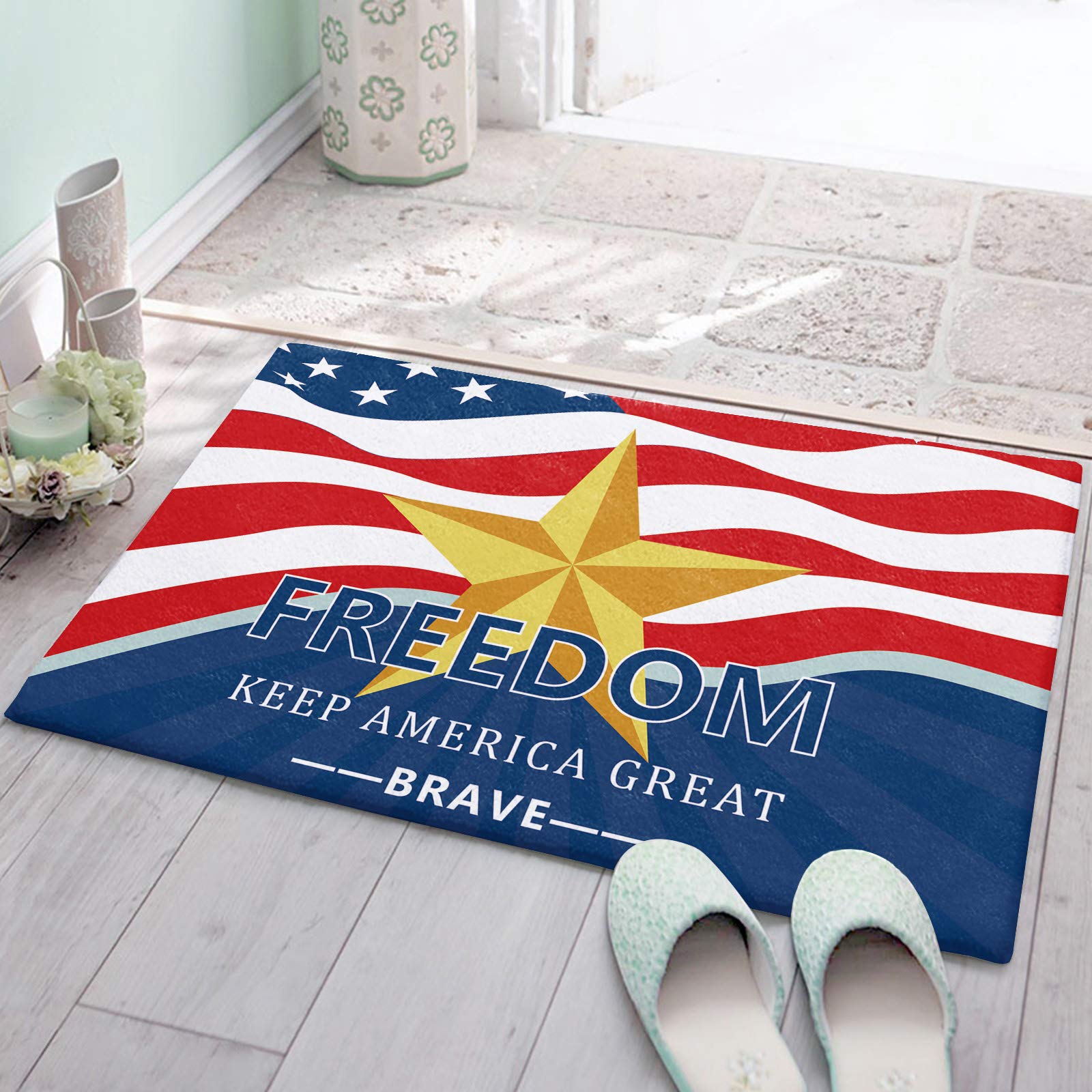 USA Flag Bathroom Rug - Non-Slip Plush Microfiber Bath Mat with Gold Stars, Patriotic Shower Rug (24x35 Inch) | Soft Water Absorbent Floor Mat for Bathroom, Kitchen & Laundry Room Decor