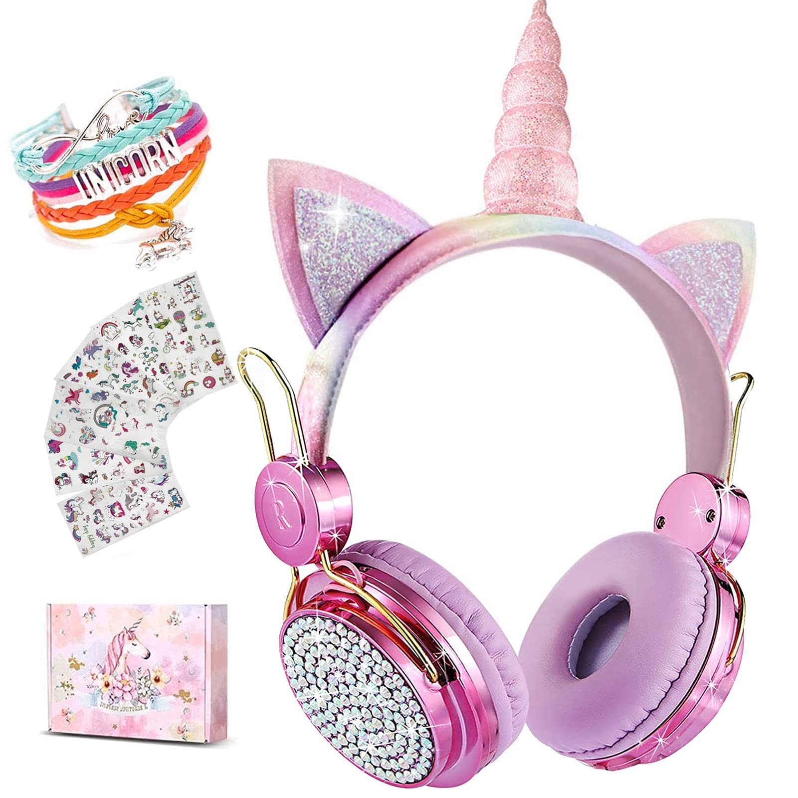 Unicorn Cat Ear Bluetooth 5.0 Wireless Headphones for Kids - Foldable Over-Ear Headset with Microphone for iPhone, iPad, Laptop, PC, TV, PS4 & Xbox One - Perfect Gift for Girls & Teens (Purple) - Ideal for Gaming, Online Classes & Music Listening