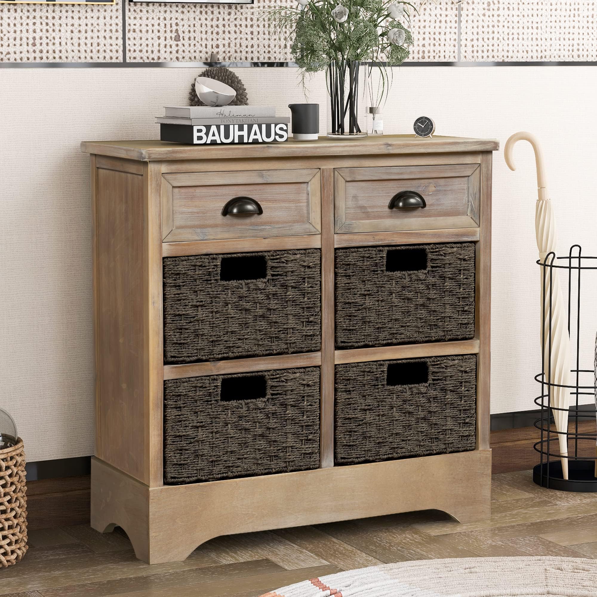 White Washed Accent Chest Console Table - Entryway Sideboard Buffet with 2 Drawers & 4 Wicker Baskets - Kitchen, Living Room, Dining Room Storage Furniture - Perfect for Hallway Organization & Home Decor
