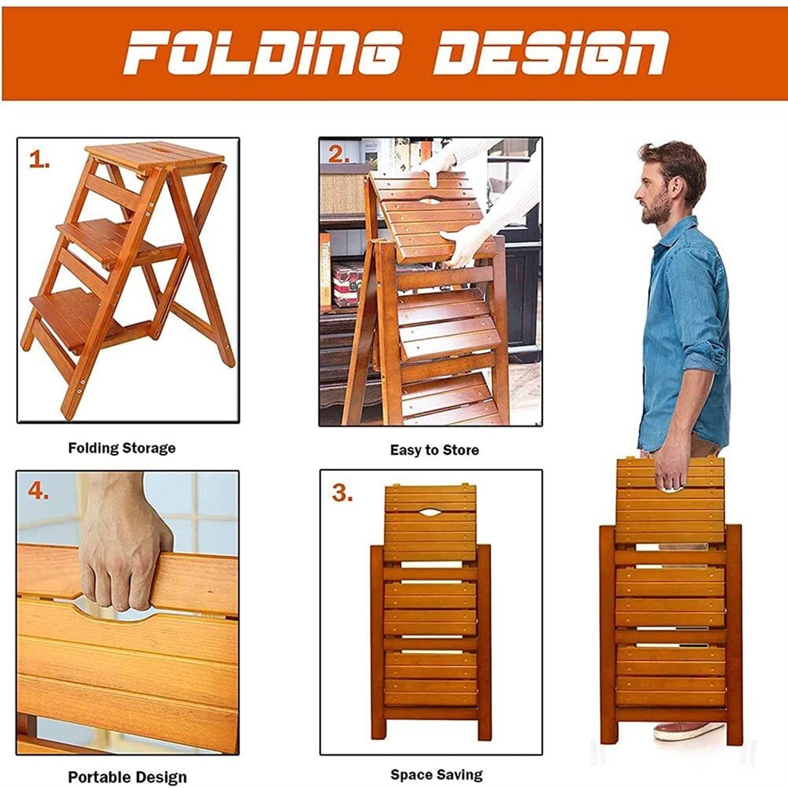 FADUNI 3-Step Wooden Folding Step Stool for Home, Library & Garden - Heavy Duty Indoor Climbing Stool with Non-Slip Surface | Perfect for Kitchen, Bathroom, Kids Room & Shelf Access