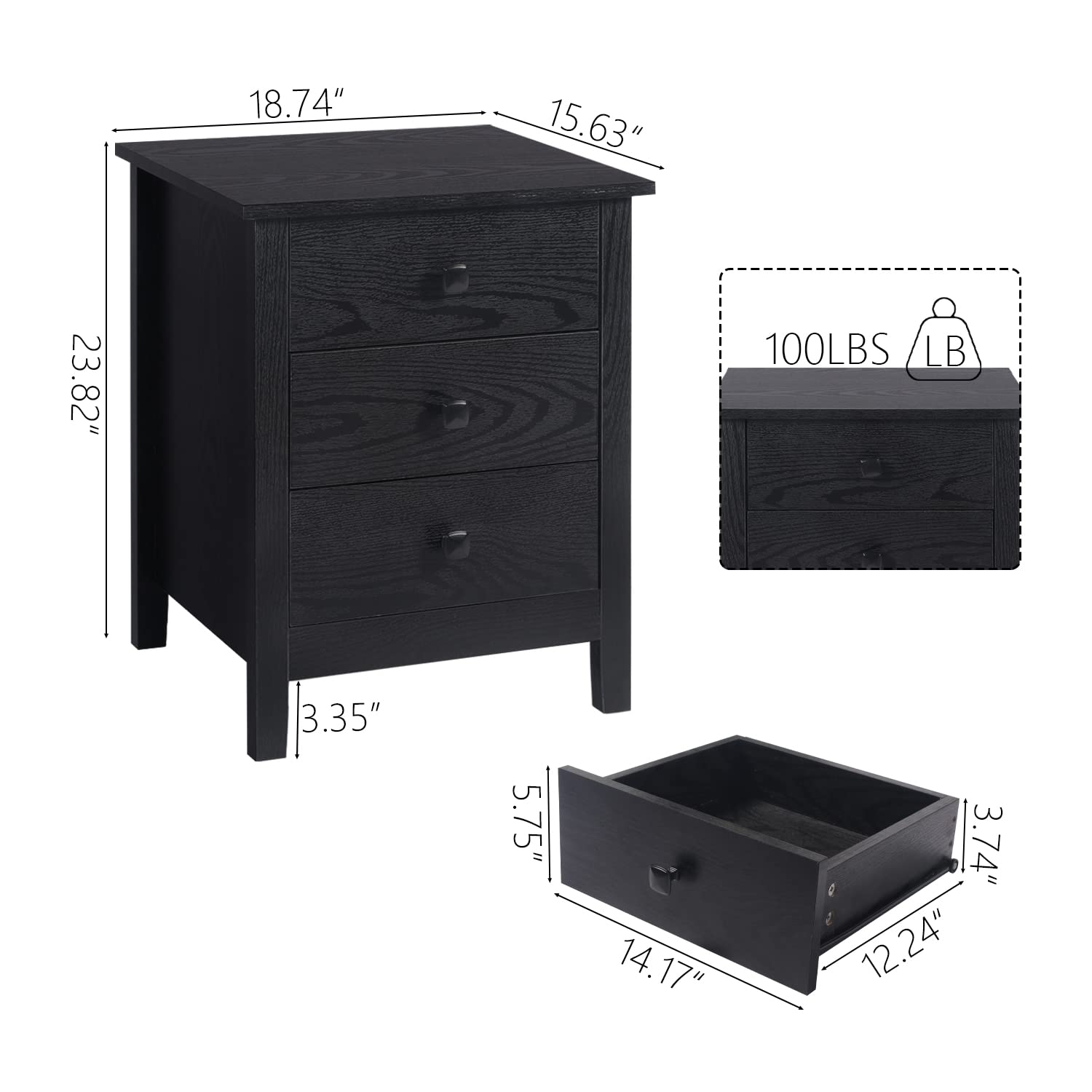 LTMEUTY Set of 2 Wood Nightstands with 3 Drawers - Modern Bedside Tables for Bedroom, Black Finish | Perfect for Small Spaces, Apartment Living & Guest Room Storage