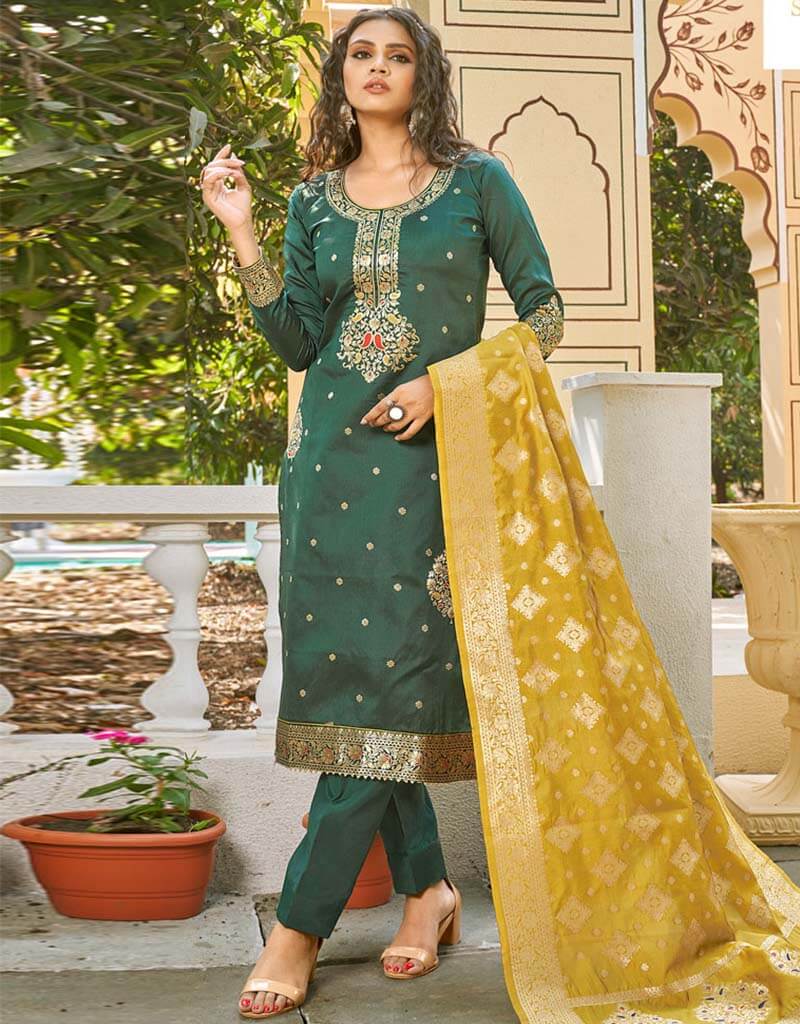 Elegant Banarasi Jacquard Green Suit Set with Matching Pants - Perfect for Weddings, Festivals & Special Occasions