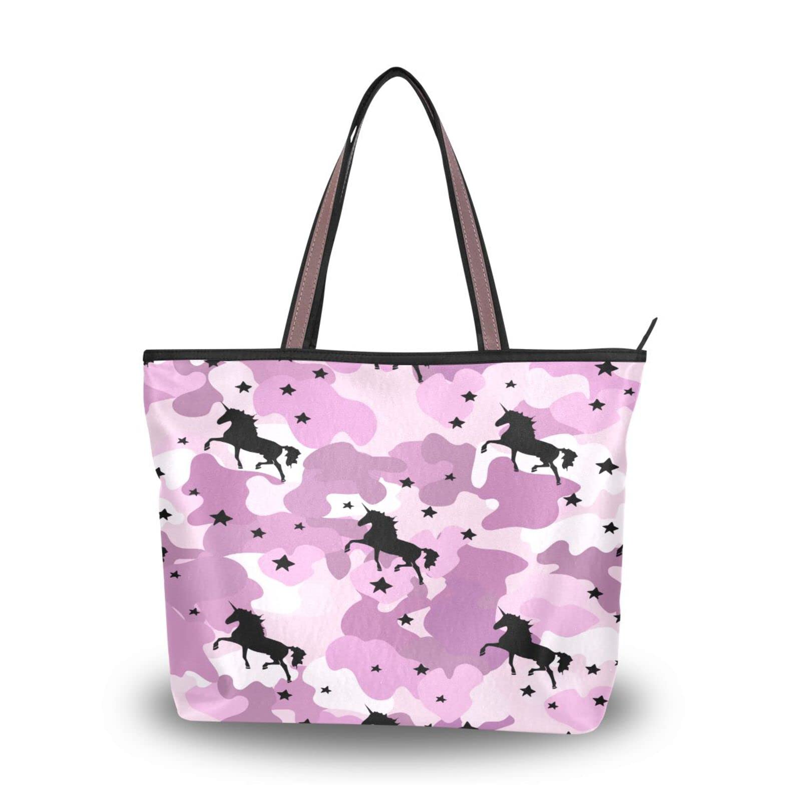 ALAZA Unicorn Star Camouflage Tote Bag for Women - Reusable Zippered Shoulder Handbag, Large Beach Bag for Travel, Shopping & Daily Use | Waterproof & Spacious Carryall