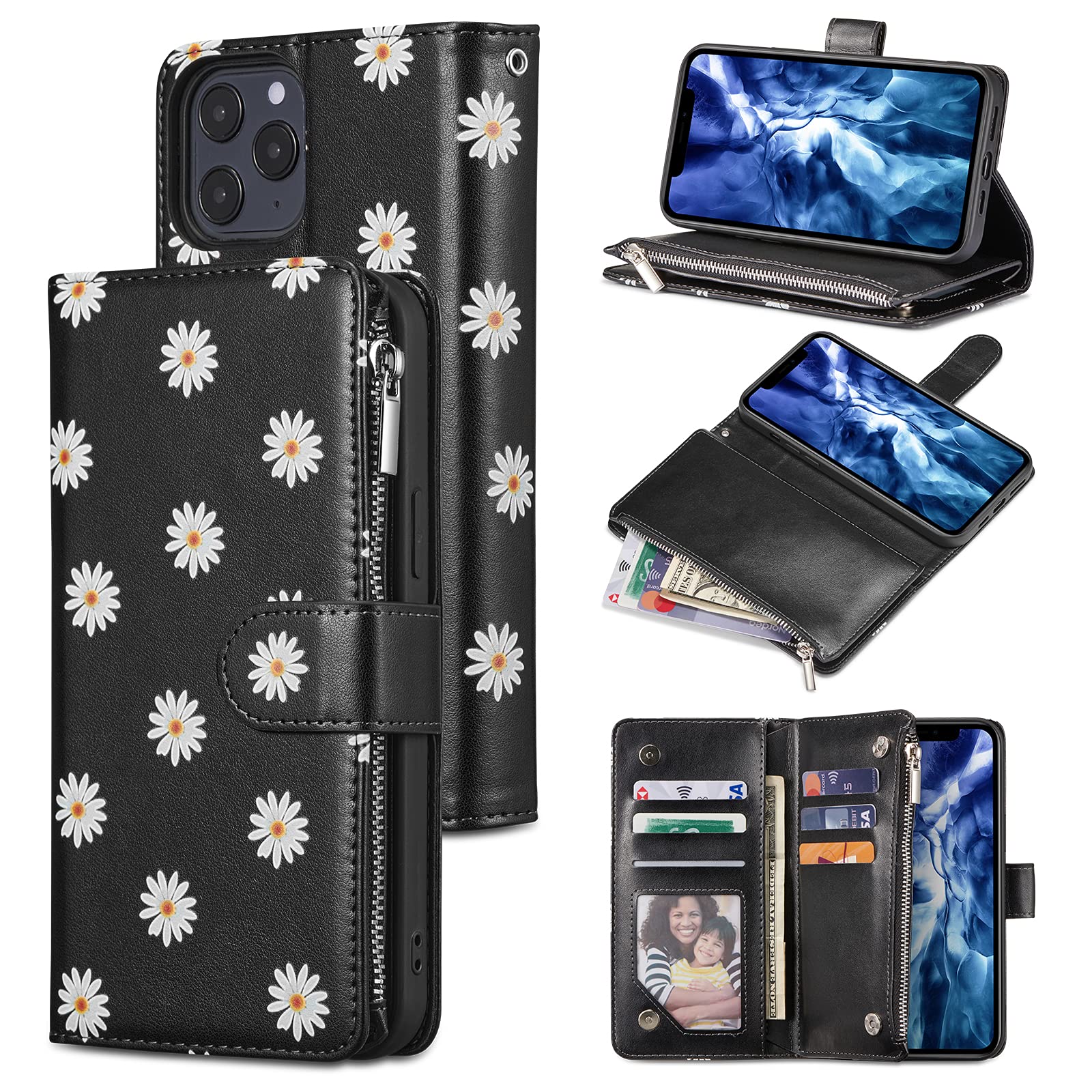 UEEBAI Premium PU Leather Wallet Case for iPhone 13 Pro Max - Magnetic Closure, Zipper Pocket, Kickstand & Card Slots with Hand Strap | Stylish Daisy Black Flip Case for Women | Perfect for Daily Use, Travel & Shopping