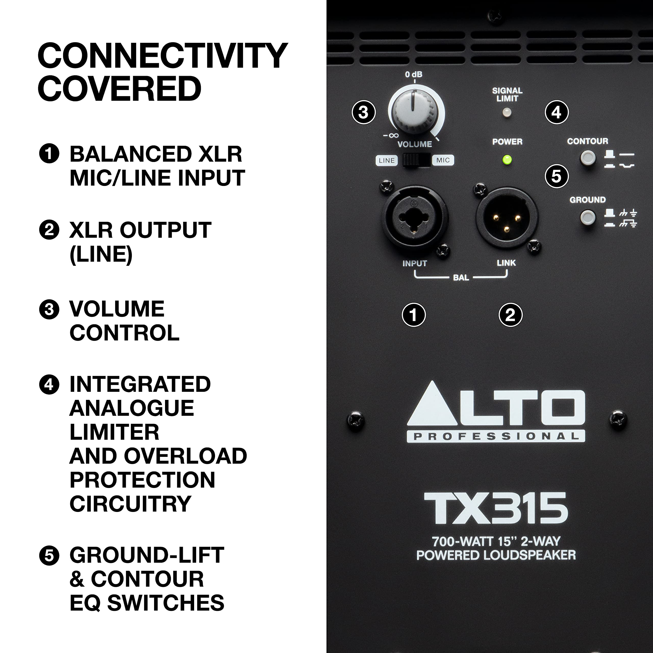 ALTO TX315 700W 15 Inch 2-Way Powered PA Speaker with Signal Limiting, Switchable Mic/Line Preamp & XLR Inputs/Outputs - Perfect for Live Performances, DJ Gigs, and Outdoor Events