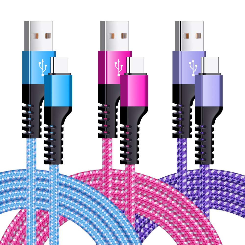 Fast Charging USB C Cable 3-Pack 6ft Braided Durable Type C Charger Cord for Samsung Galaxy S21/S20/Z Fold2/S10/S9/S8, Note 20/10/9/8, LG Stylo/V60/V30/G7/G8, Moto X4/Z3, Google Pixel 5a XL - Perfect for Home, Office & Travel Charging