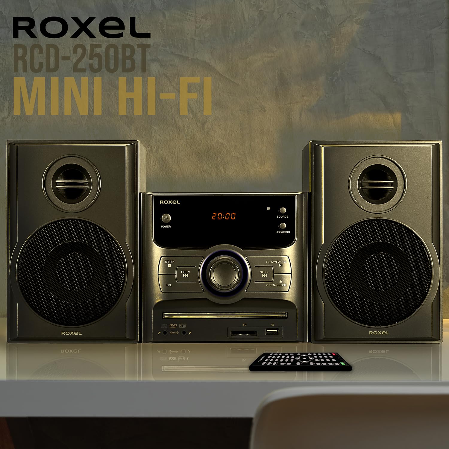 Roxel RCD-250BT Compact All-in-One Micro HiFi System with CD/DVD Player, Karaoke, Bluetooth, FM Radio, USB MP3 Playback & Remote - 40W RMS for Home Entertainment, Parties & Small Spaces