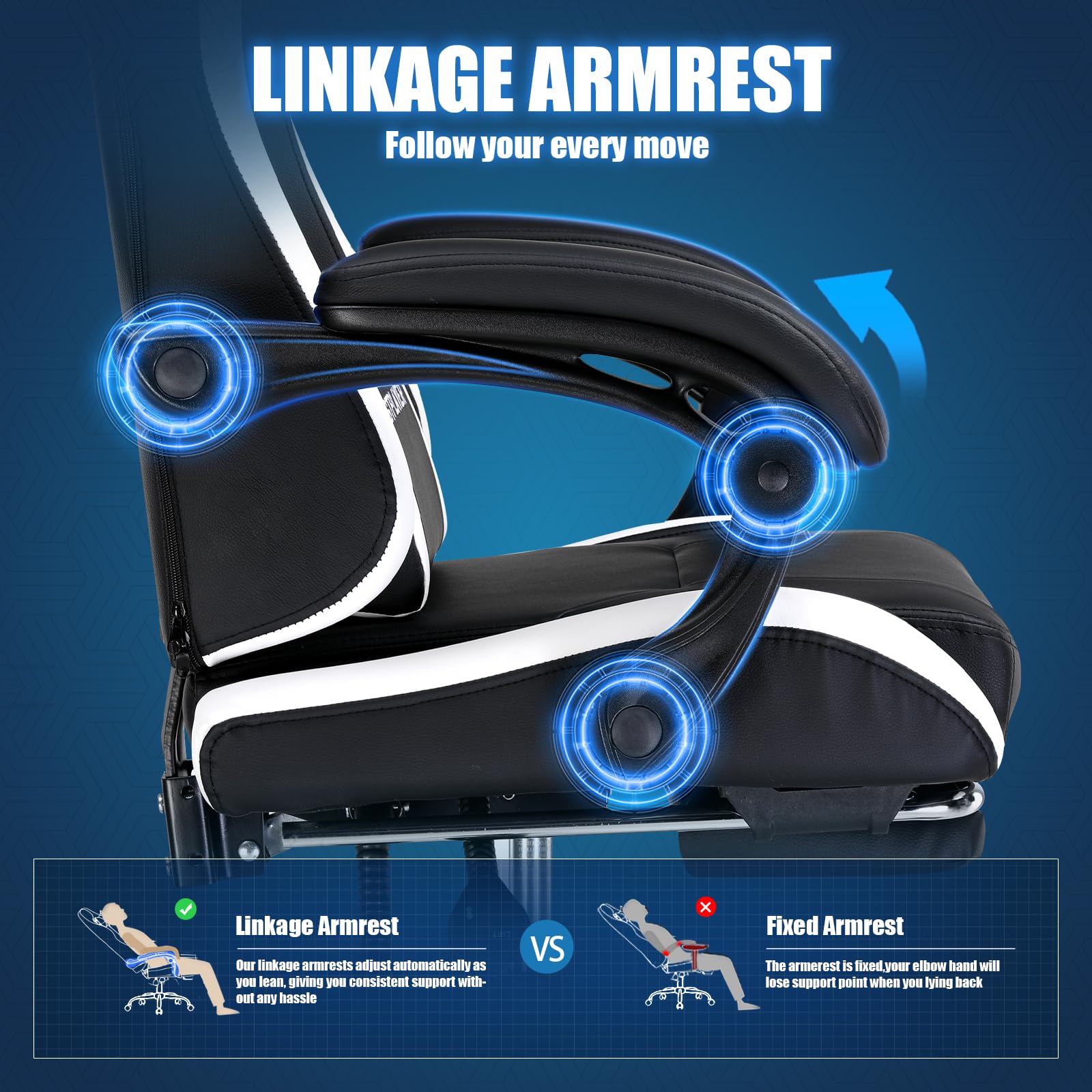 GTPLAYER Ergonomic Gaming Chair with Adjustable Footrest - Height Adjustable Computer Gaming Chair for Adults & Kids, 90-155° Recline, Removable Headrest & Lumbar Support (Carbon Black-White) - Perfect for PC Gaming, Office Work & Home Entertainment