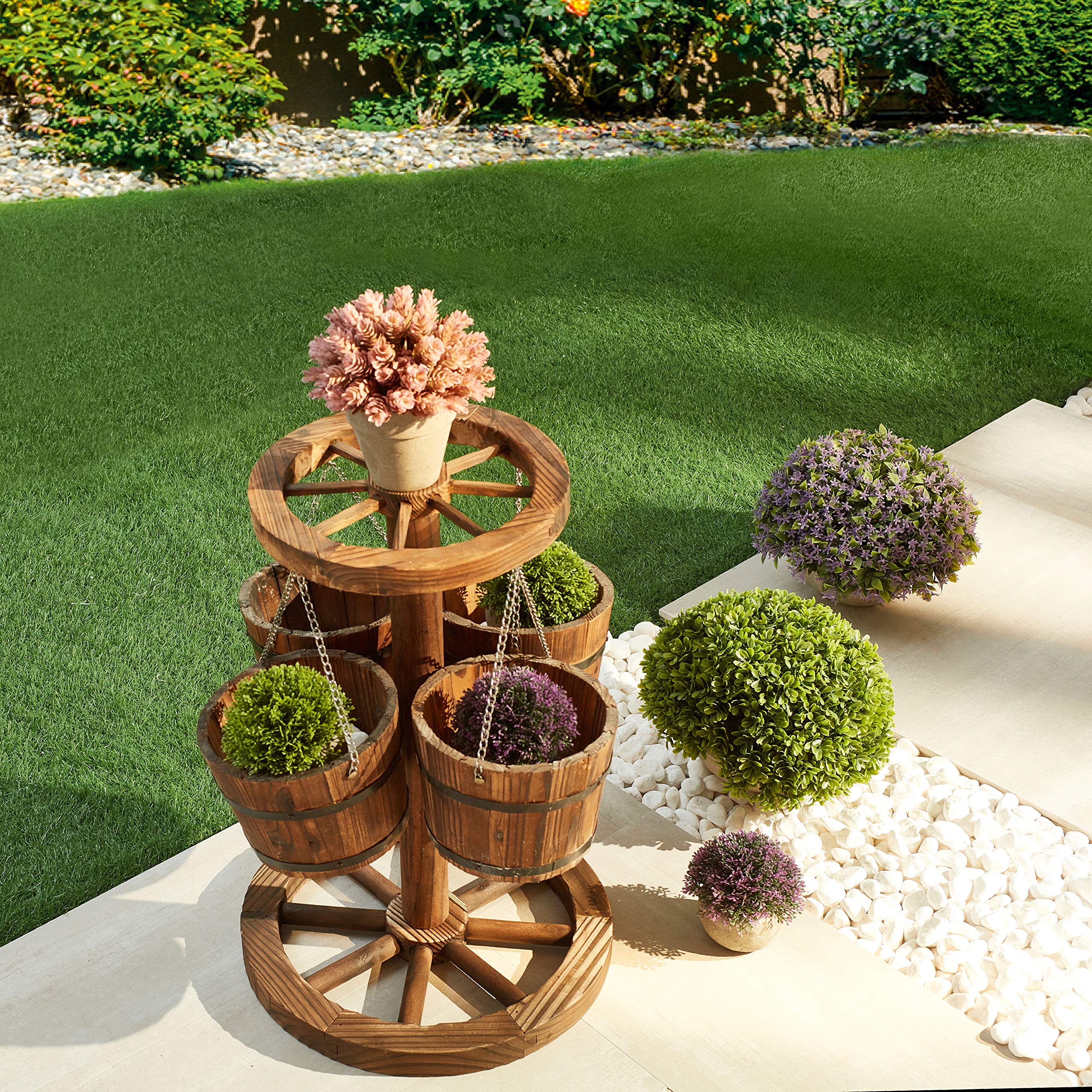 LOKATSE HOME Rustic Wooden Wagon Barrel Wheel Planter with Buckets - Outdoor Garden Decor for Patio, Yard, and Porch - Perfect for Flowers, Plants, and Herbs