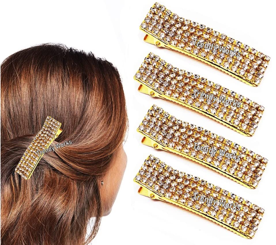 Trendy Works 4-Piece Rhinestone Metal Hair Clips Set - Elegant Hair Pins & Slides for Women & Girls (Gold) - Perfect for Weddings, Parties & Everyday Styling