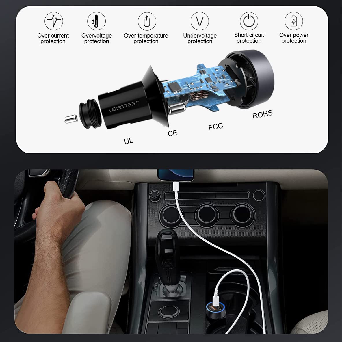 LEXAA TECH 58W USB C Car Charger Fast Charger - Dual Port PD QC 3.0 Car Adapter for iPhone 16/15/14/13/12 Pro Max/X/XR/XS, Samsung Galaxy S24/S23/S22/S21/Note 20/10, Google Pixel - Perfect for Road Trips & Daily Commuting
