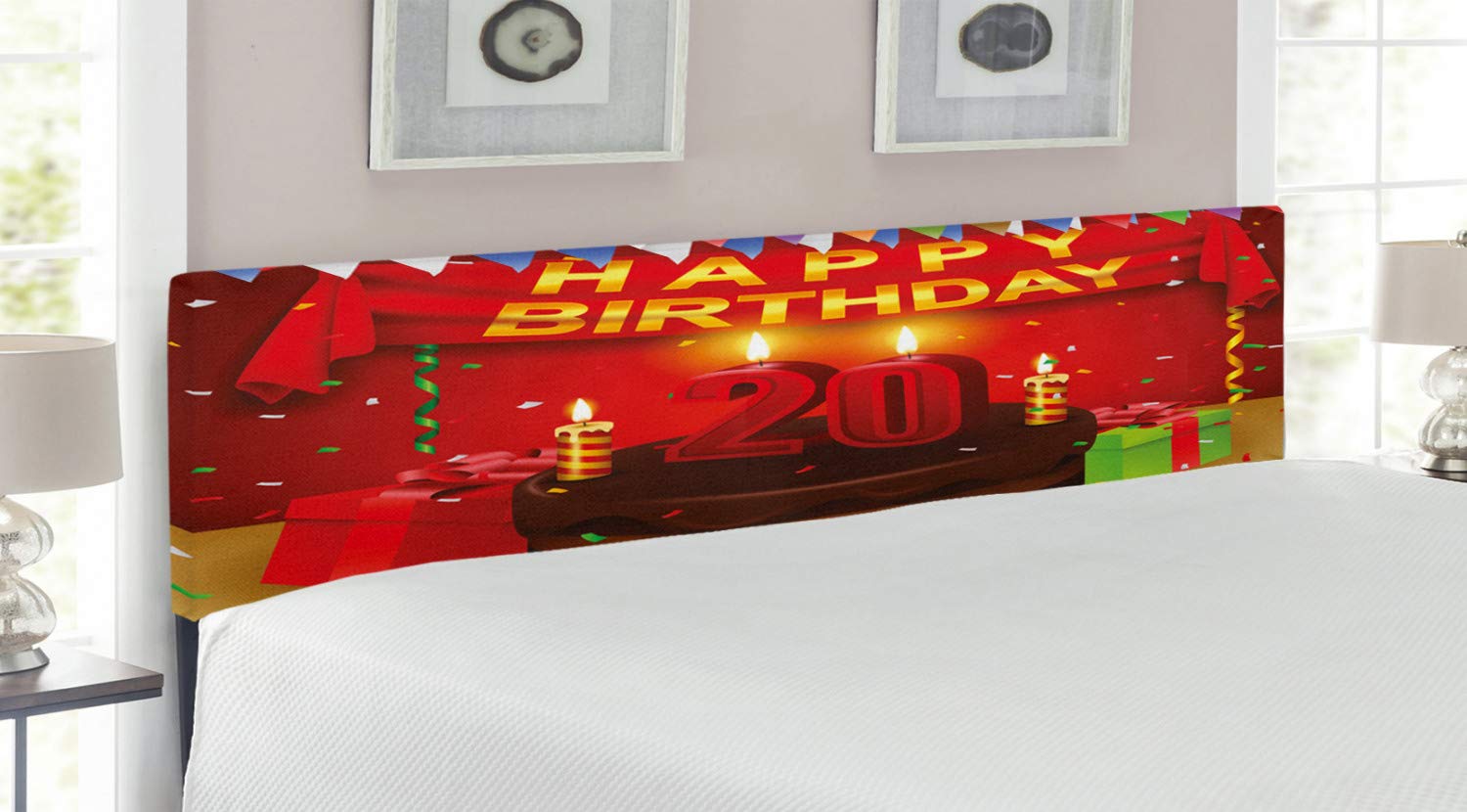 Ambesonne 20th Birthday Party Headboard - Red Upholstered King Size Metal Bed Headboard with Memory Foam & Decorative Birthday Curtains, Flags & Boxes - Perfect for Birthday Decorations & Bedroom Makeovers