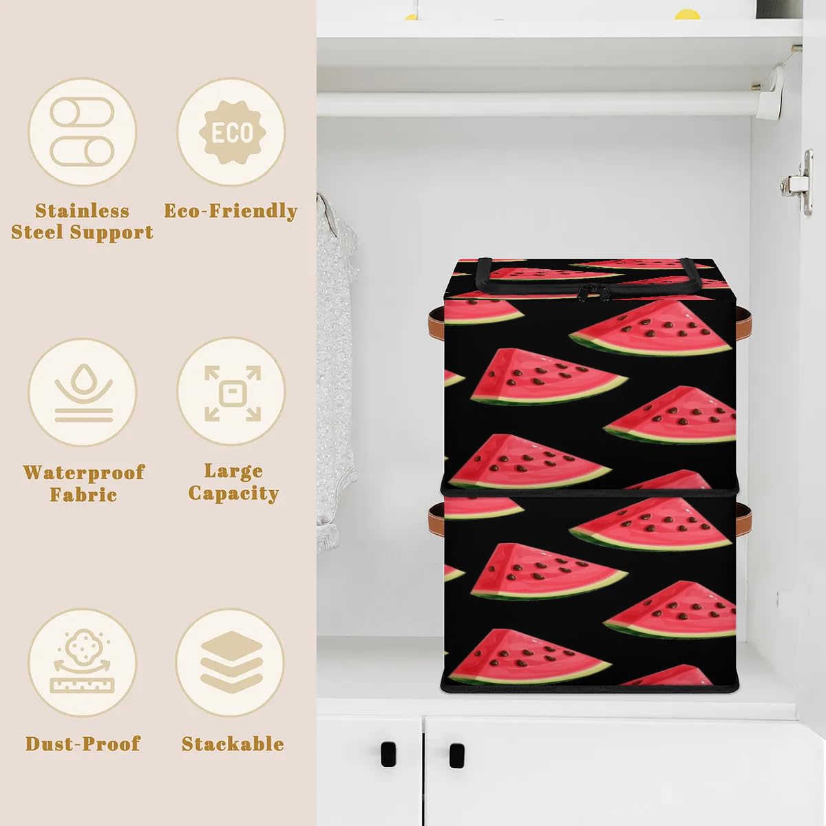 Watermelon Pattern Foldable Storage Bins with Zipper Lid - 2 Pack Fabric Storage Baskets for Clothes, Blankets, Toys | Collapsible Closet Organizer with Handles | Perfect for Bedroom, Nursery, and Playroom Organization