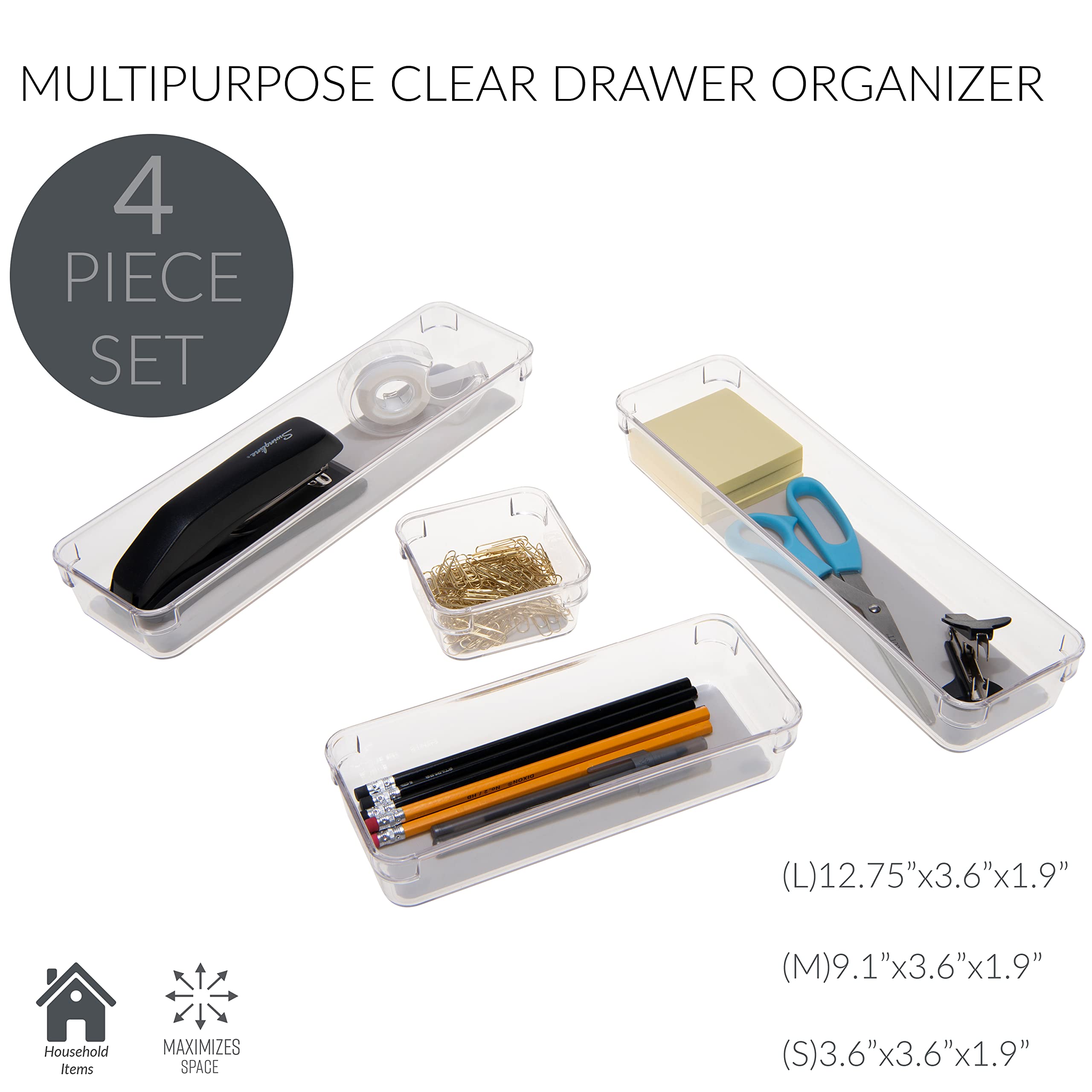 4-Piece Multipurpose Drawer Organizers Set for Bathroom, Vanity, Kitchen - Clear Plastic Storage Bins for Cosmetics, Jewelry & Utensils - Perfect for Home Organization and Space Saving