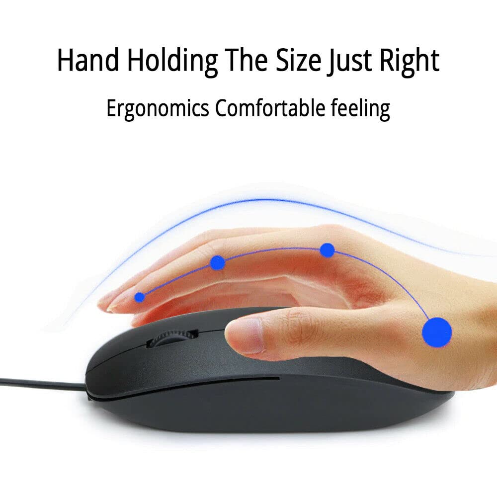 Ergonomic Wired USB Optical Mouse for PC & Laptop - Comfortable Scroll Wheel Black Mice for Office, Gaming, and Home Use