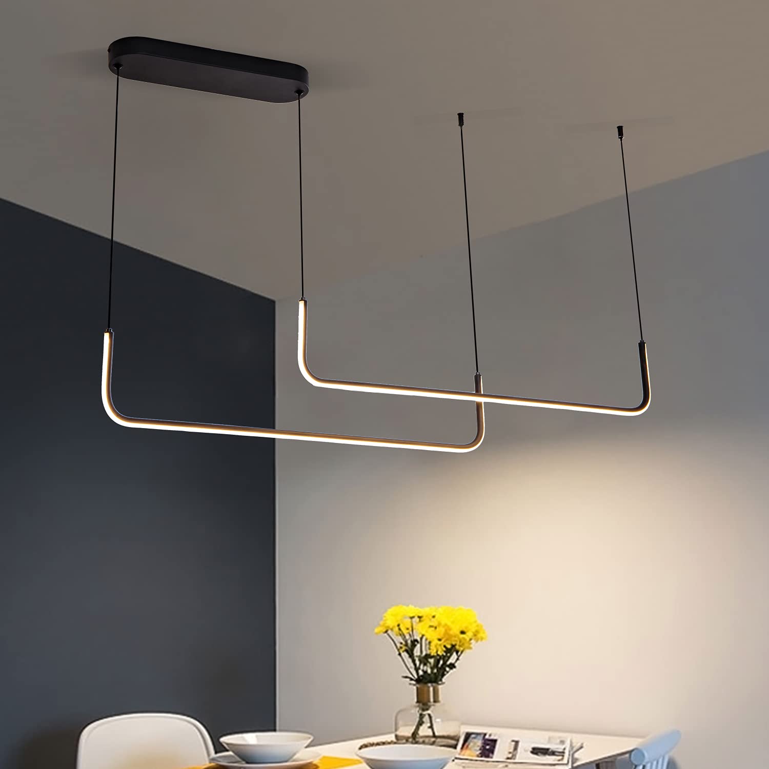 Modern Black Linear Chandelier - Dimmable LED Pendant Light Fixture with 2 Lights, 3000K Warm White - Perfect for Kitchen Island, Dining Room, Bar and Contemporary Home Decor